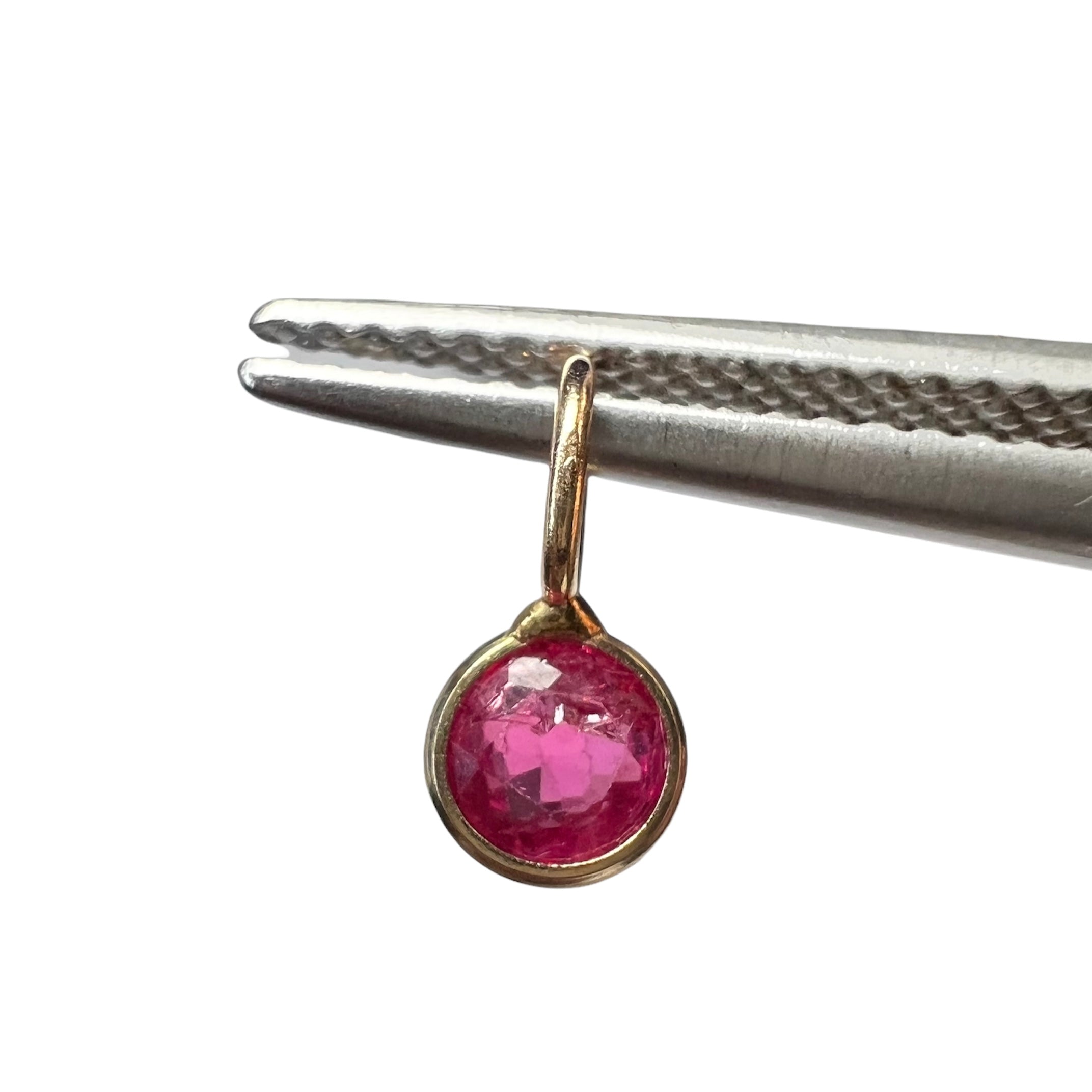 Natural Pink Round Ruby 14K Yellow Gold Pendant Charm 9x4.5mm