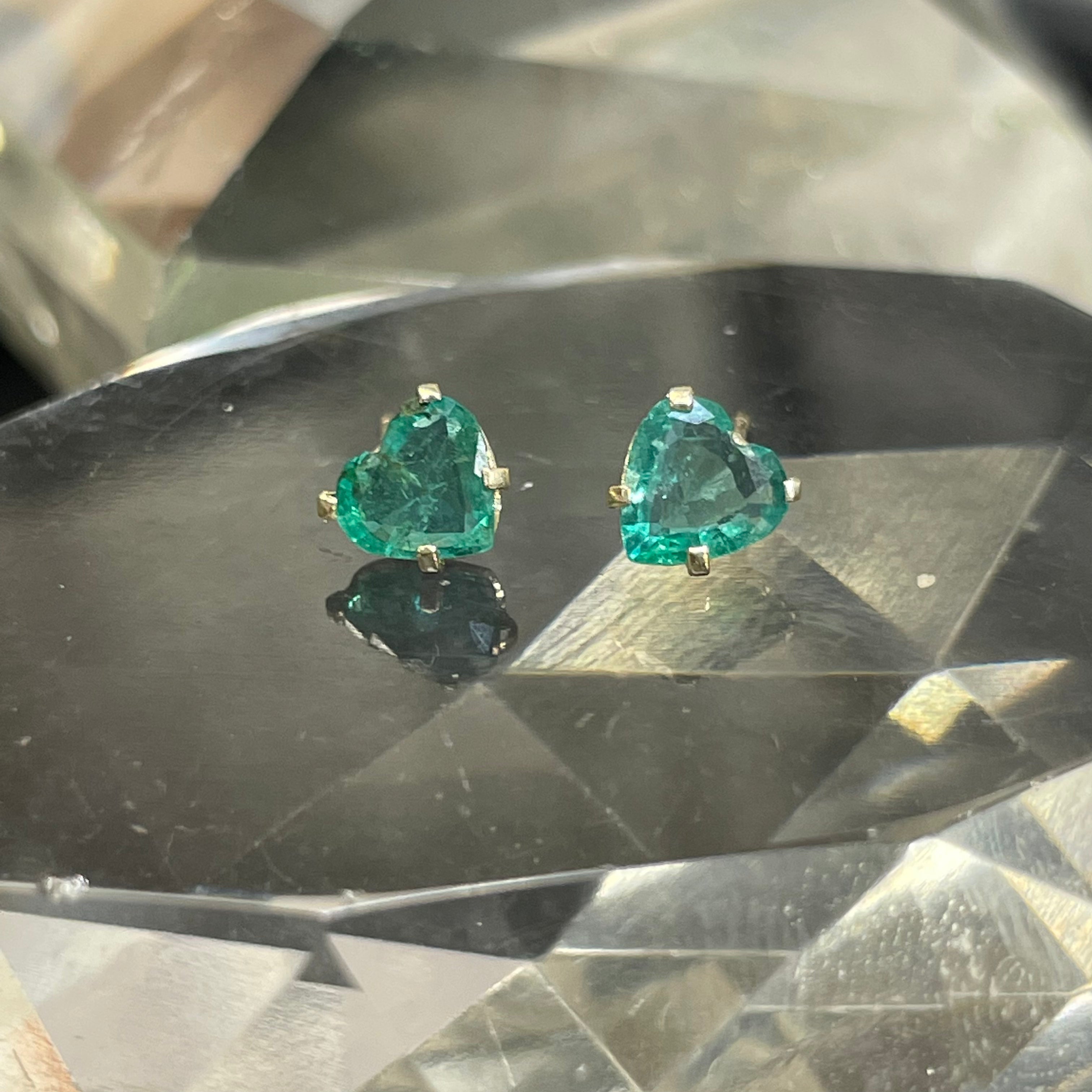 1.19CT Emerald Heart 14K Yellow Gold Stud Earrings