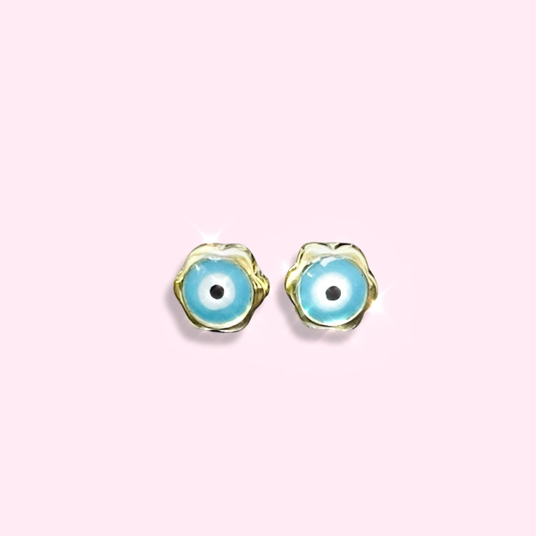 10K Yellow Gold 5mm Teal Blue Evil Eye Stud Earrings
