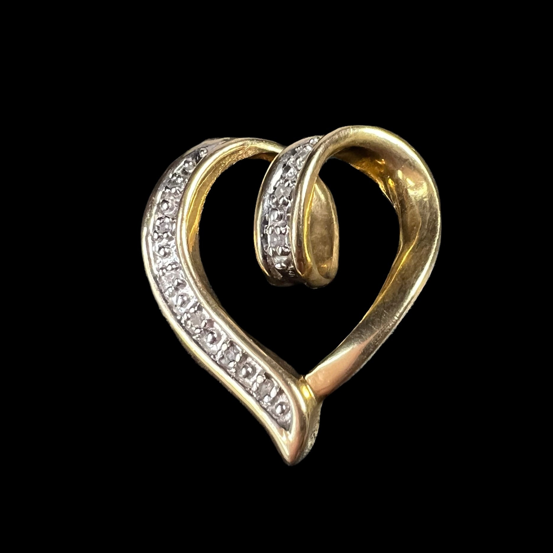 Solid 10K Yellow Gold Diamond Pave Heart Pendant Slide .87"