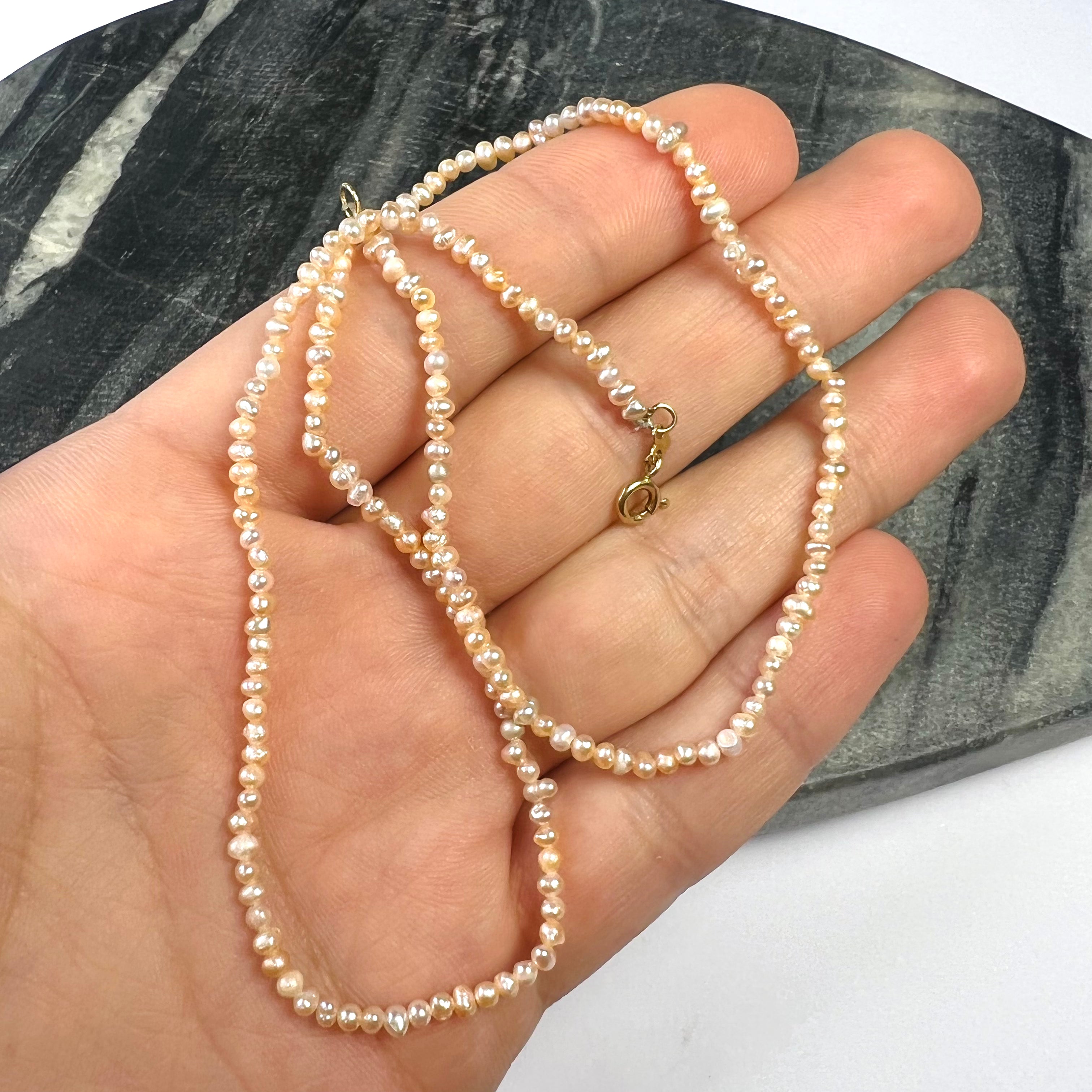 Pink Seed Pearl Necklace 14K Yellow Gold 15.5"