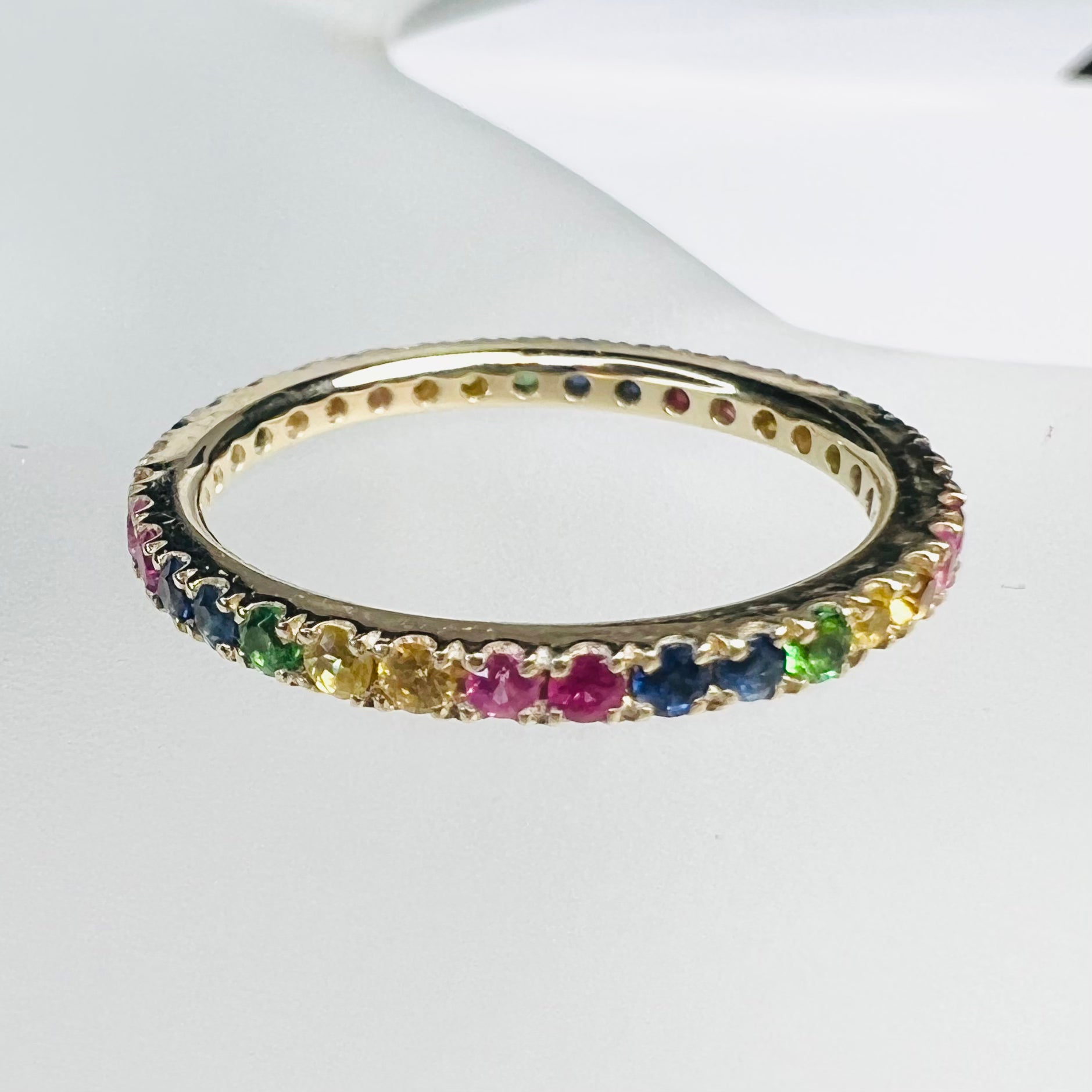Solid 14K Yellow Gold Natural Rainbow Sapphire Eternity Ring Band Size 6.5