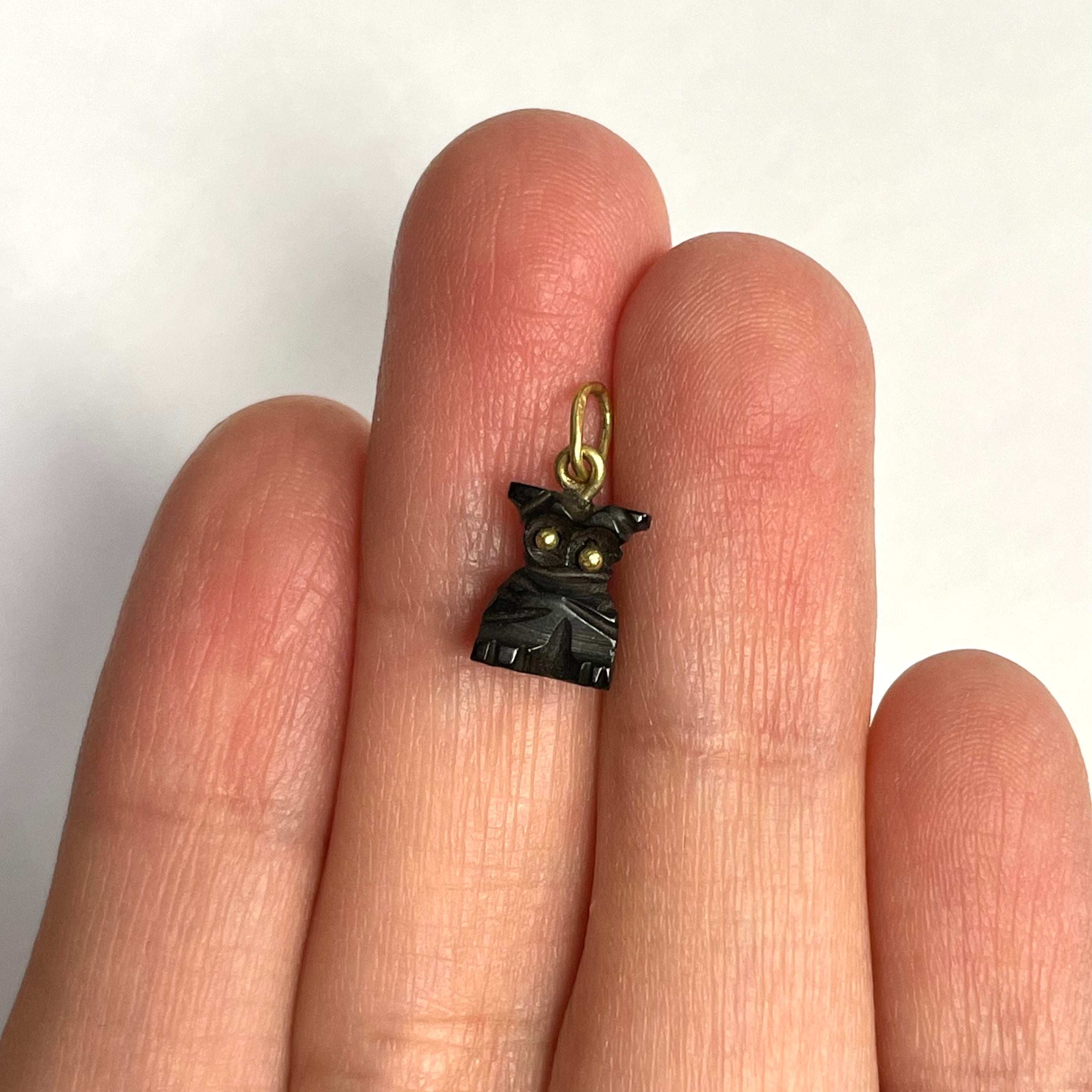 14K Yellow Gold Natural Jet Black Owl Charm