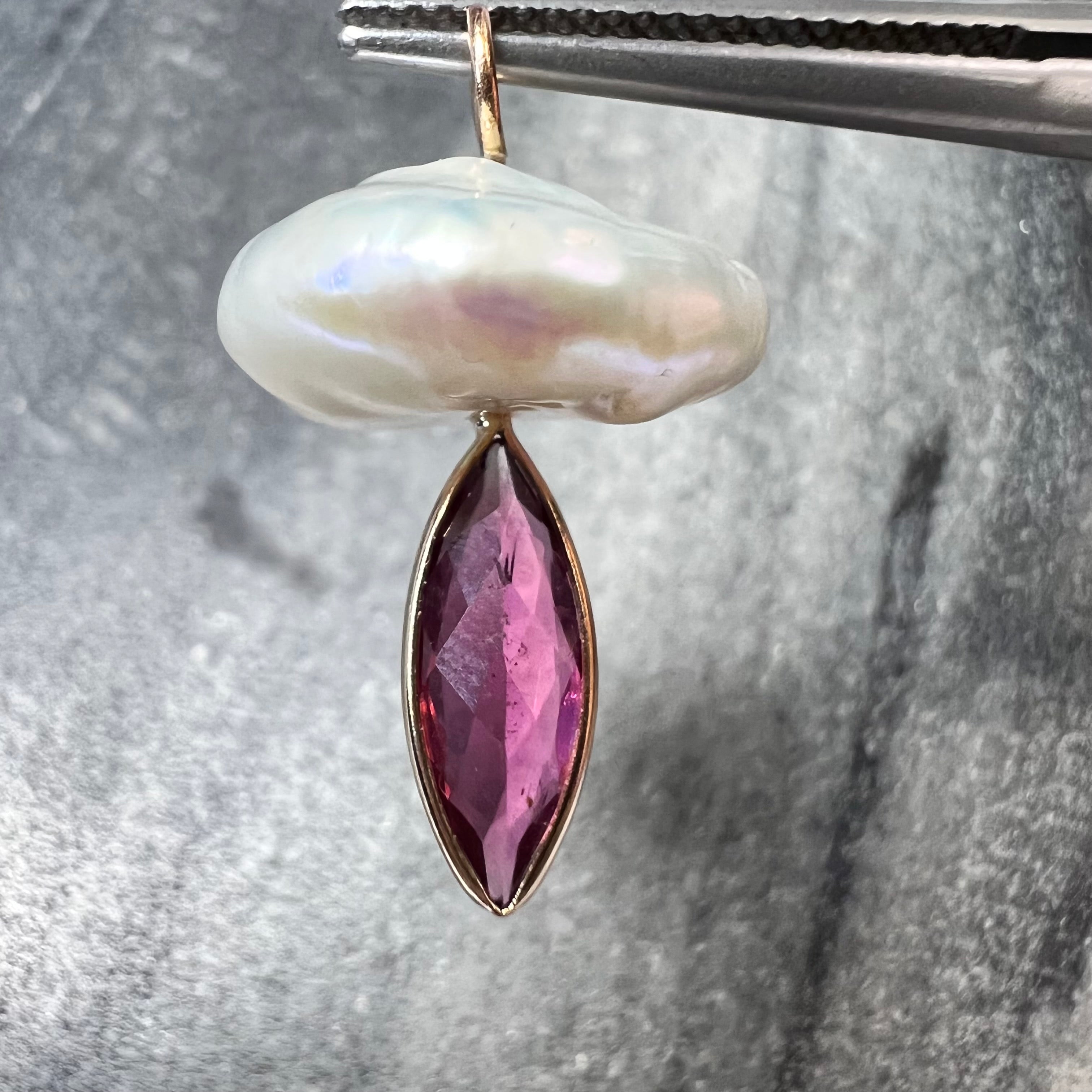 Natural Tourmaline and Pearl Mushroom 14K Yellow Gold Pendant Charm 24x14.50mm