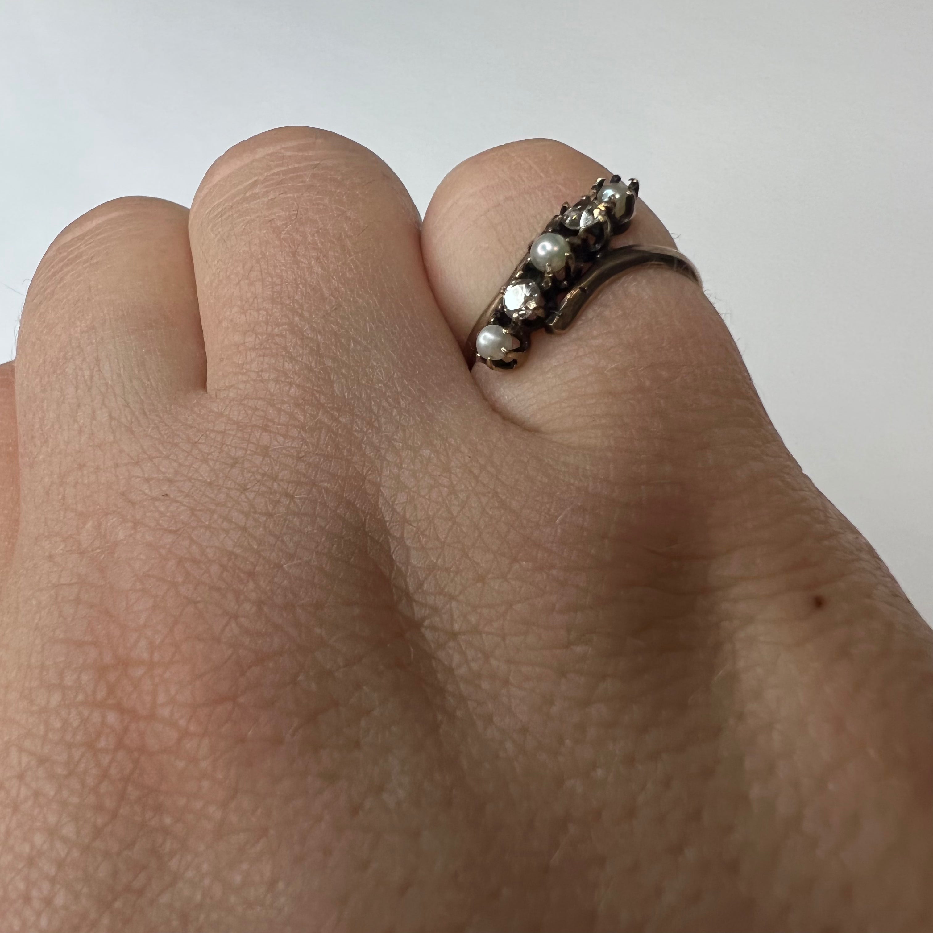 Antique 10K Rose Gold Pearl and Diamond Bypass Band Ring Size 5.25