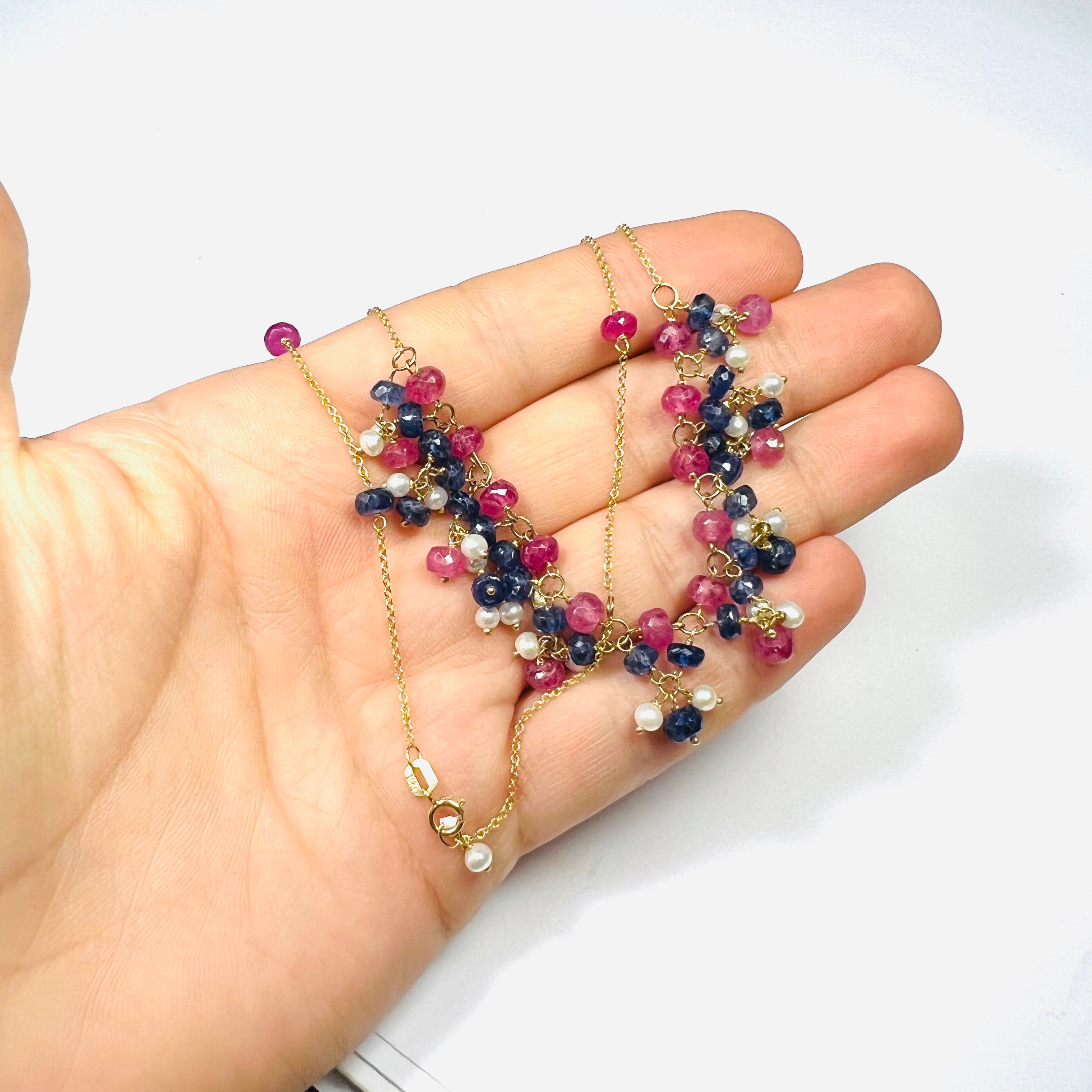 Ruby and Sapphire Beaded Dangle 14K Yellow Gold Necklace