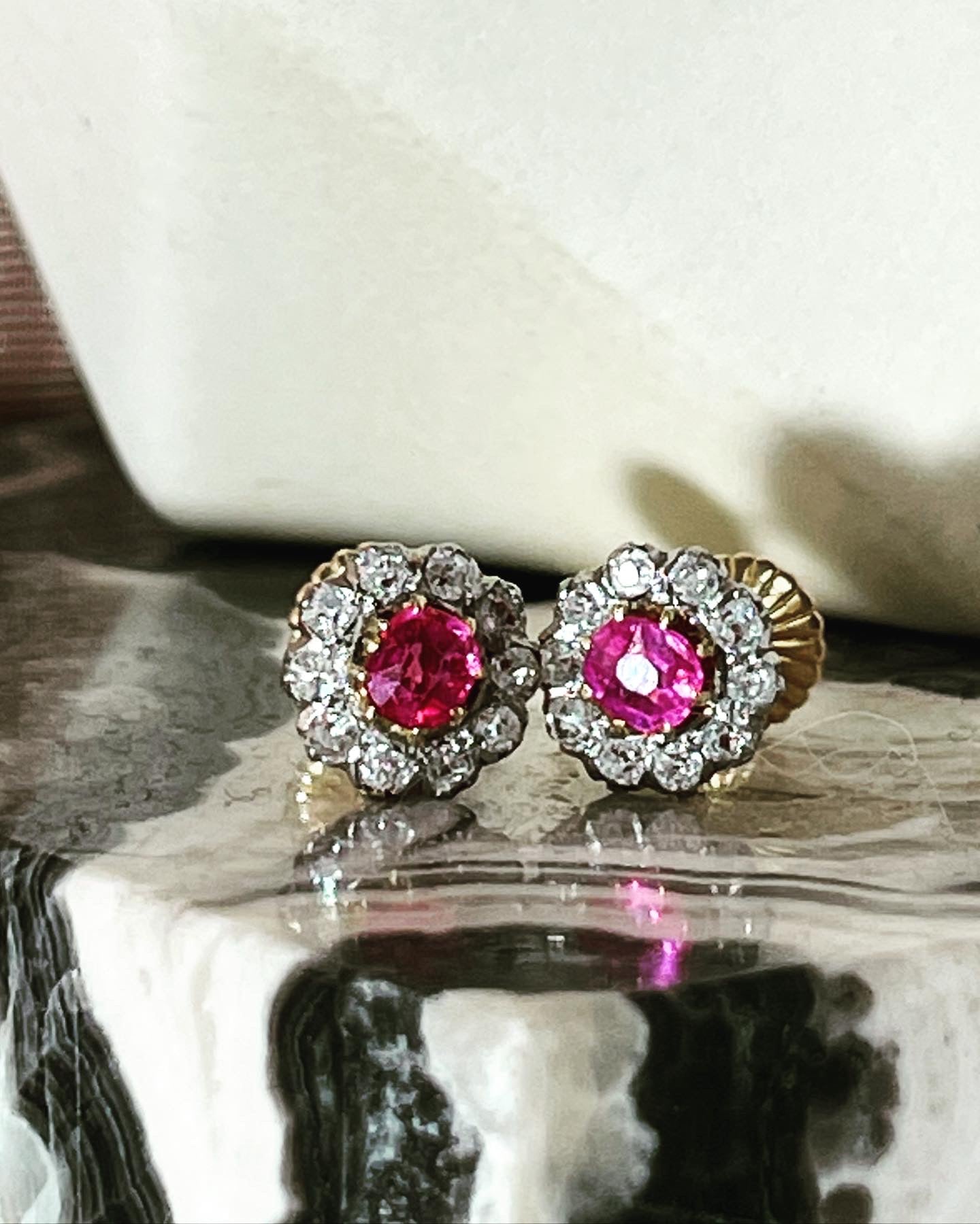 Antique Victorian Old Mine Cut Diamond Halo Earrings 18K Gold