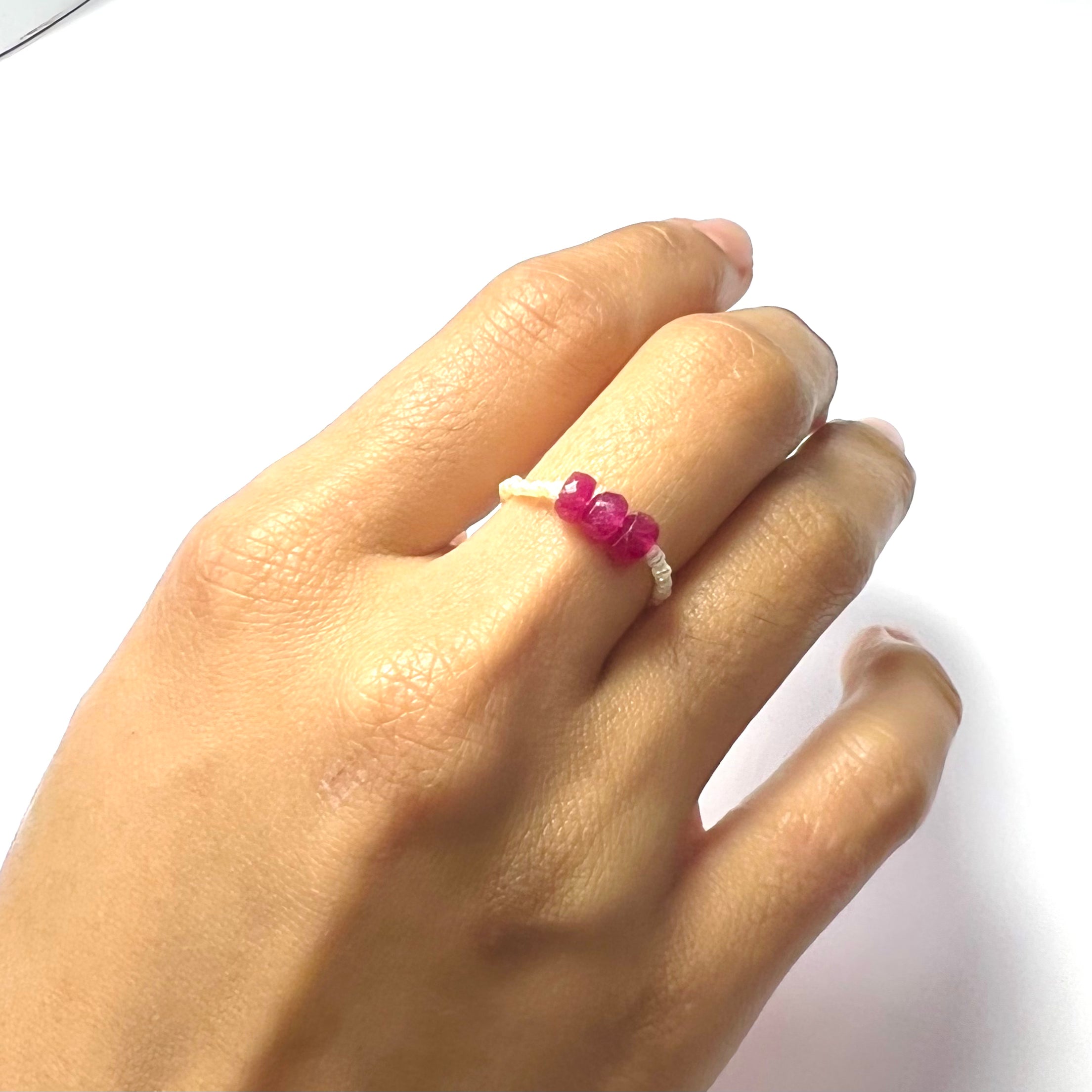 Natural Seed Pearl Eternity Rough Ruby Beaded Ring Size 6