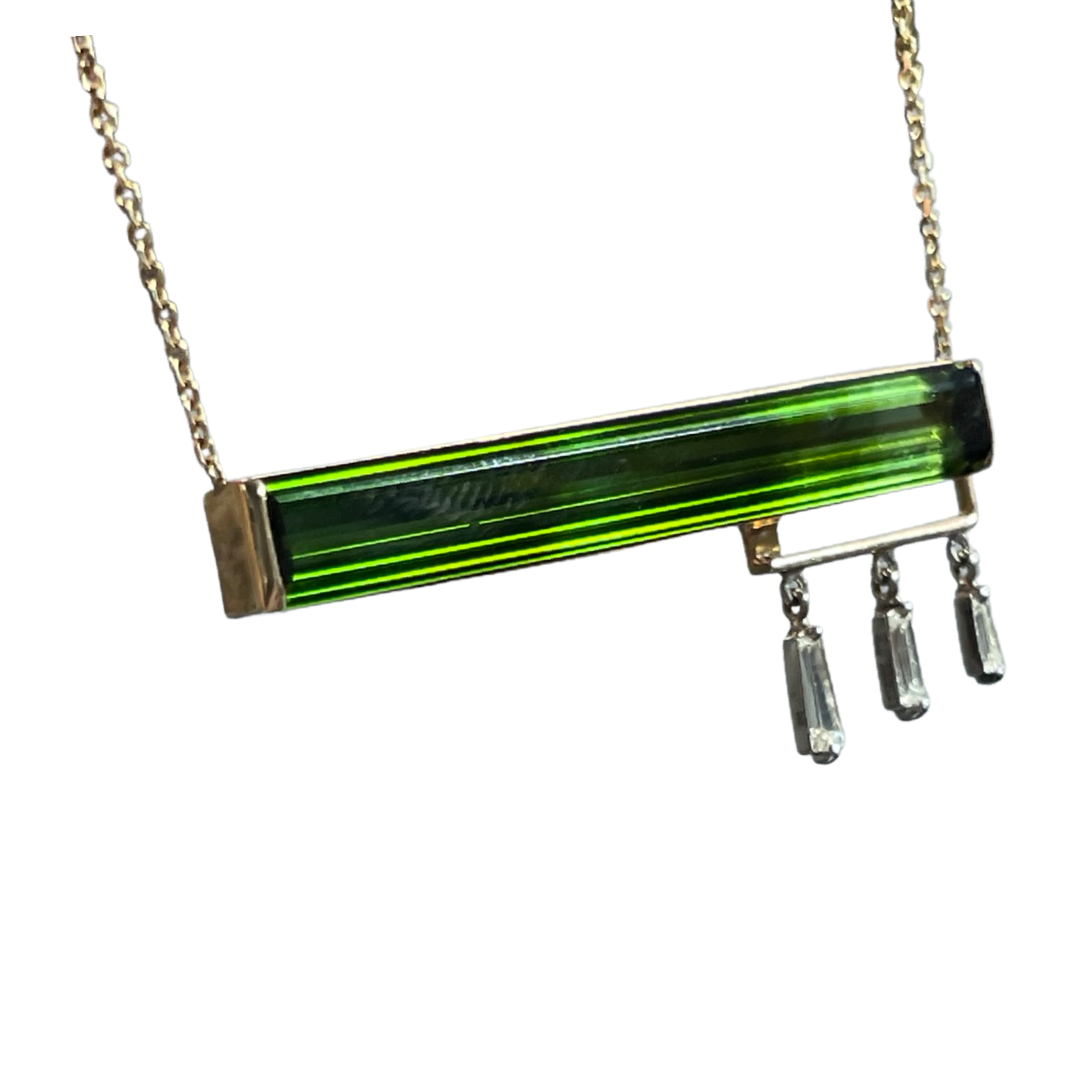 Long Tourmaline Baguette and Diamond 16" 14K Yellow Gold  Necklace