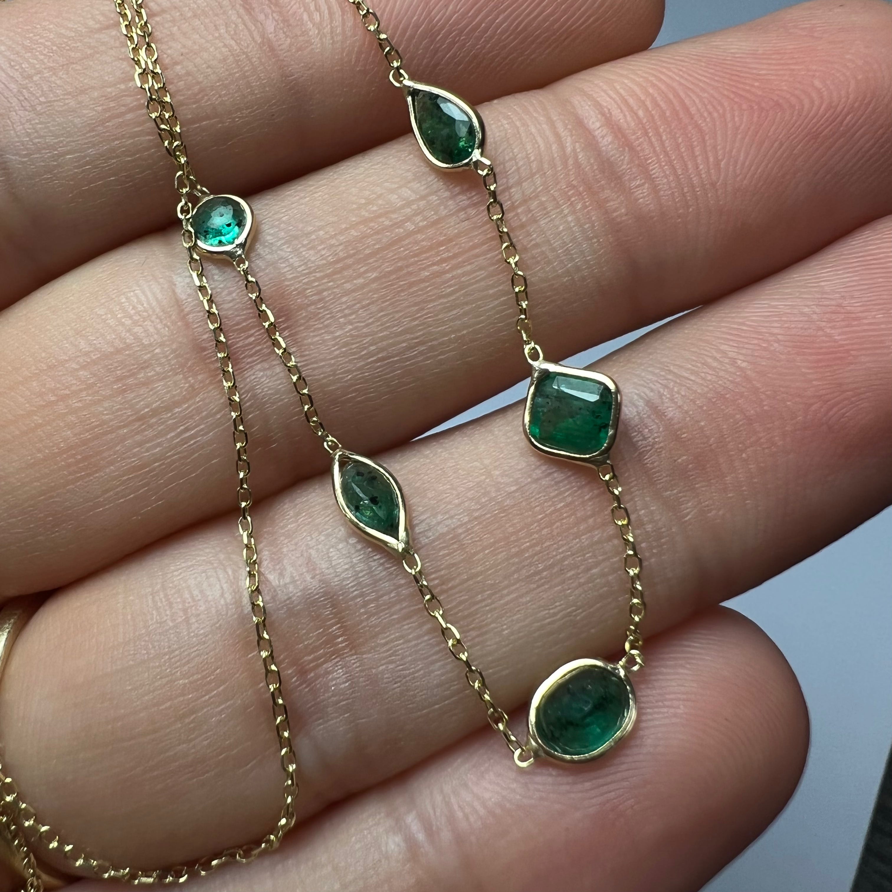 Assorted Emeralds 16" 14k Yellow Gold Stationed Necklace