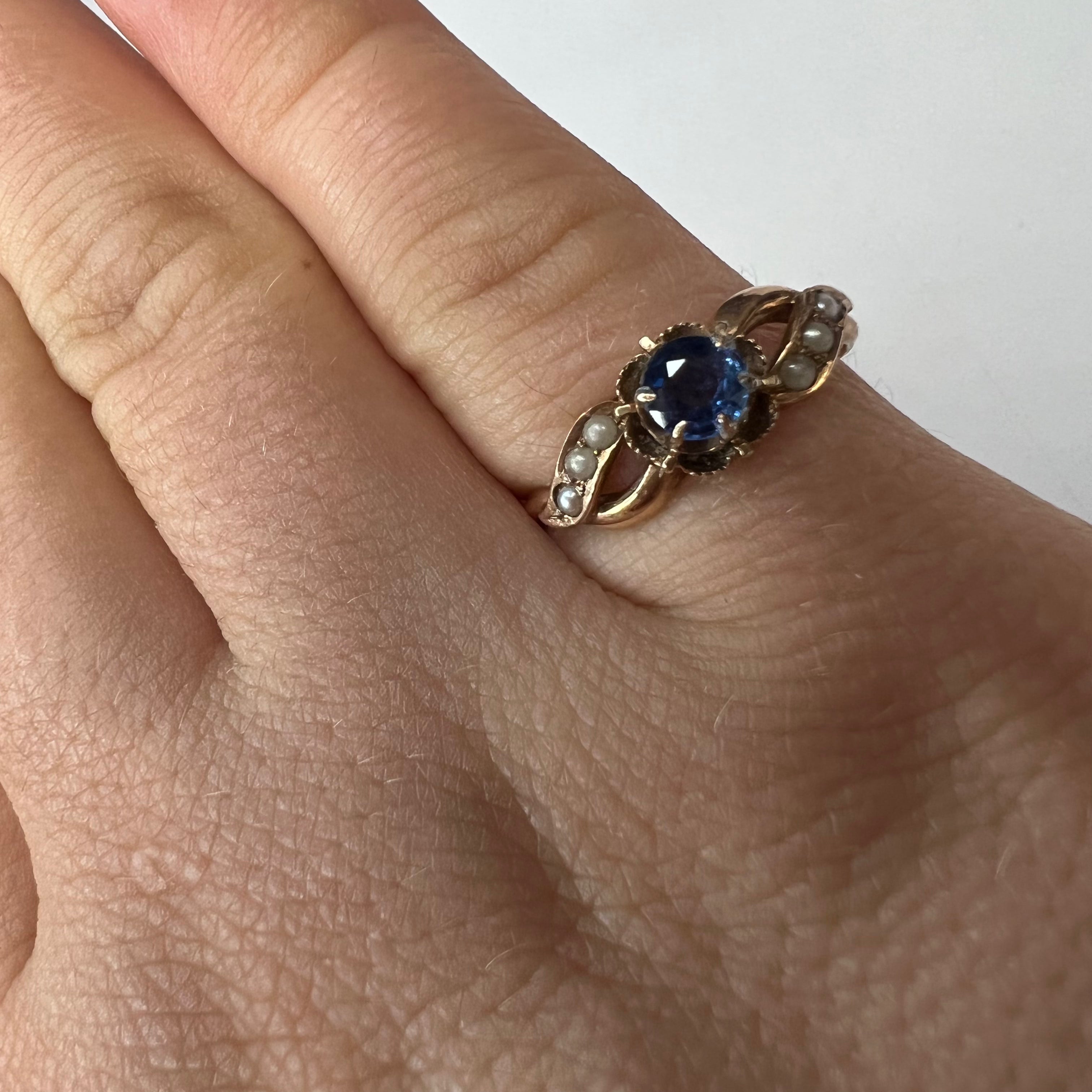 Antique 10K Rose Gold Sapphire and Pearl Ring Size 6.5