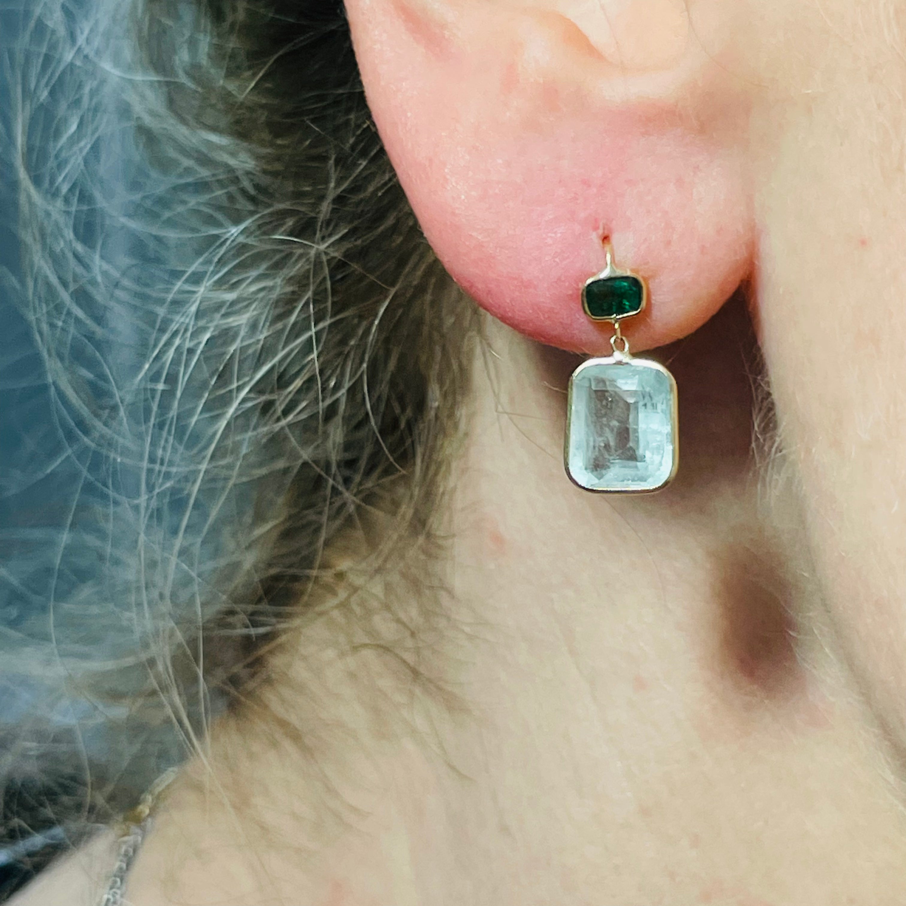 Natural Deep and Light Green Colombian Emerald 14K Yellow Gold Drop Earrings
