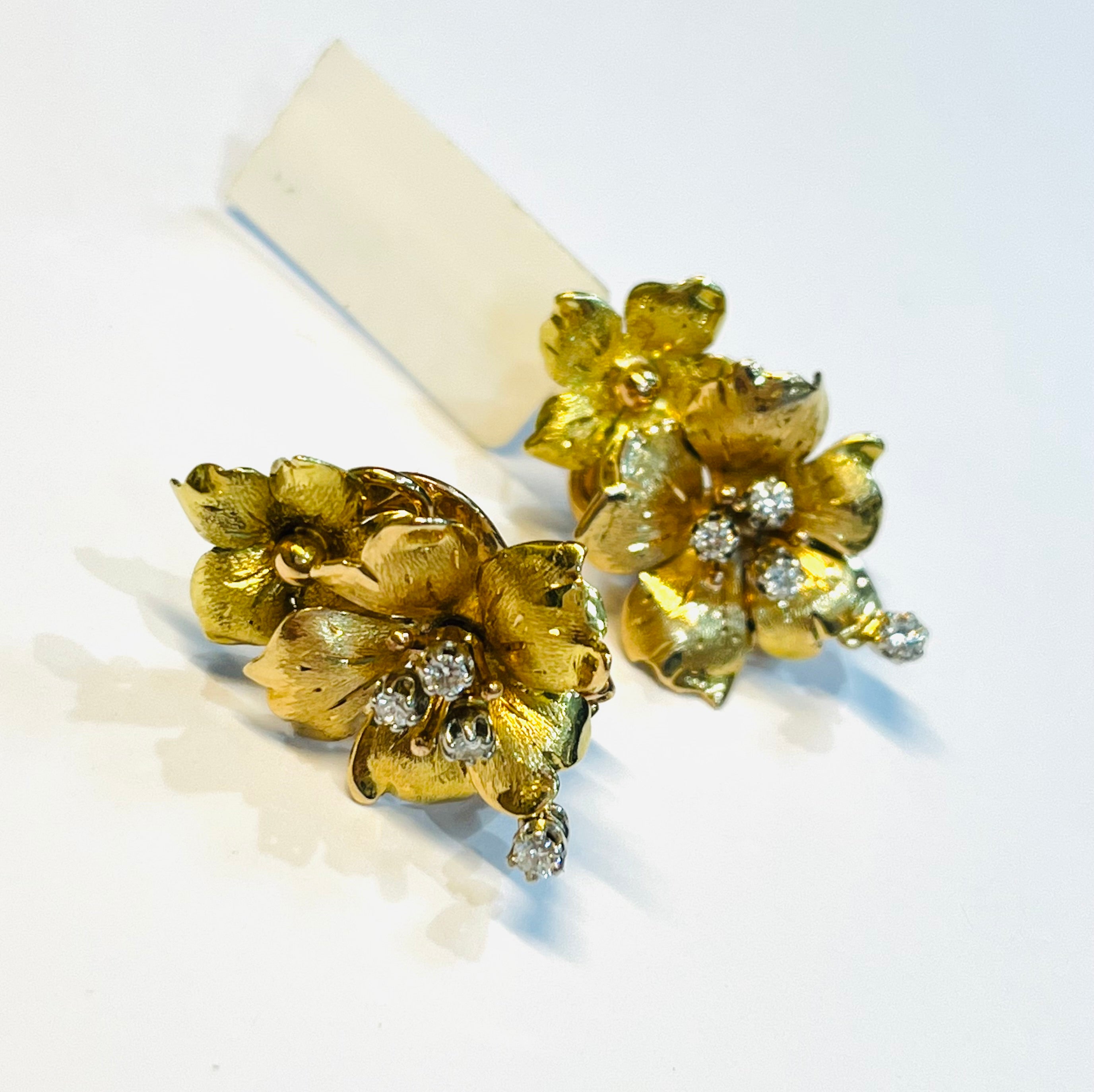 Gorgeous Antique Yellow and Rose Gold Flower Diamond Omega Back Earrings