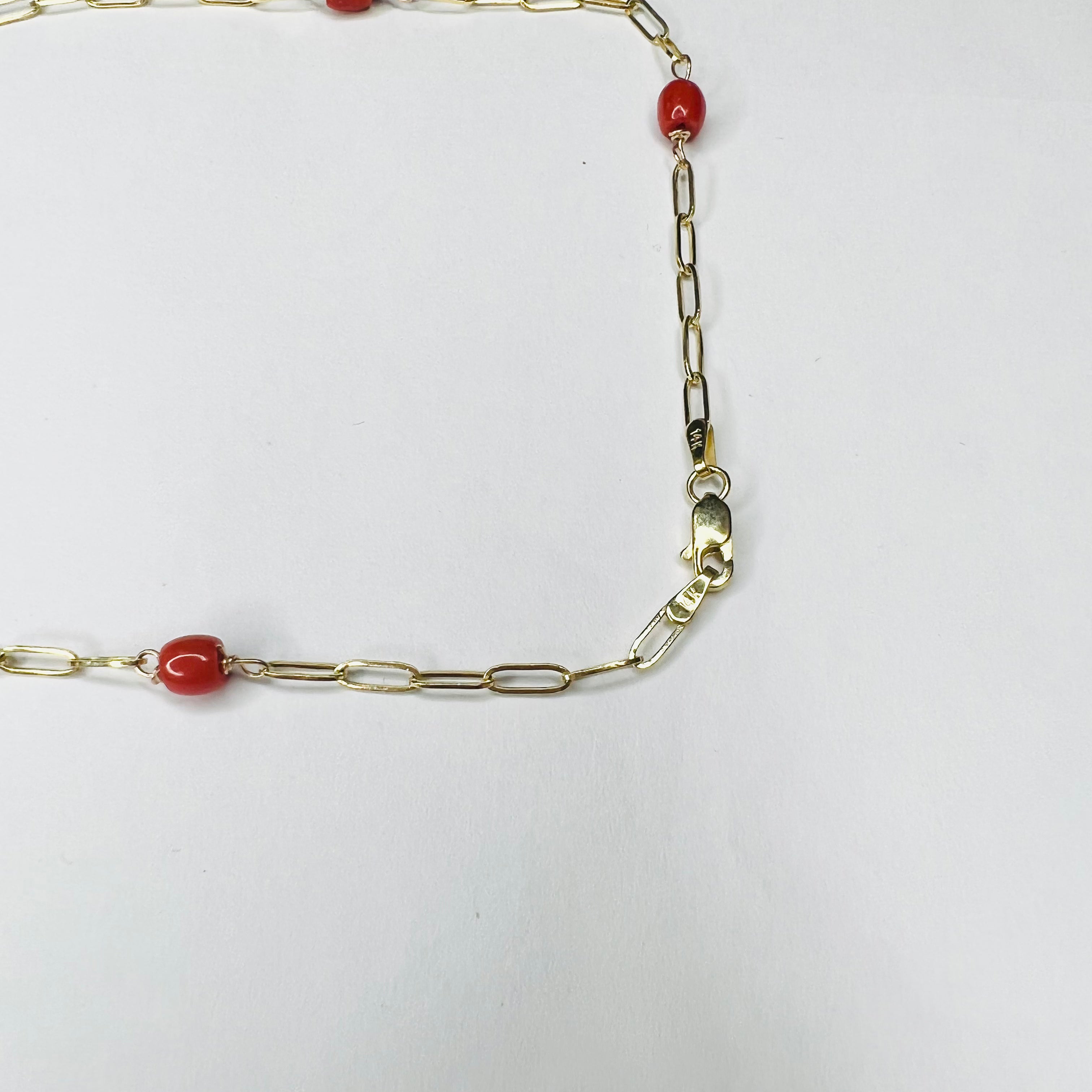 Solid 14K Yellow Gold Coral Beads Station Paperclip Anklet 10.5"
