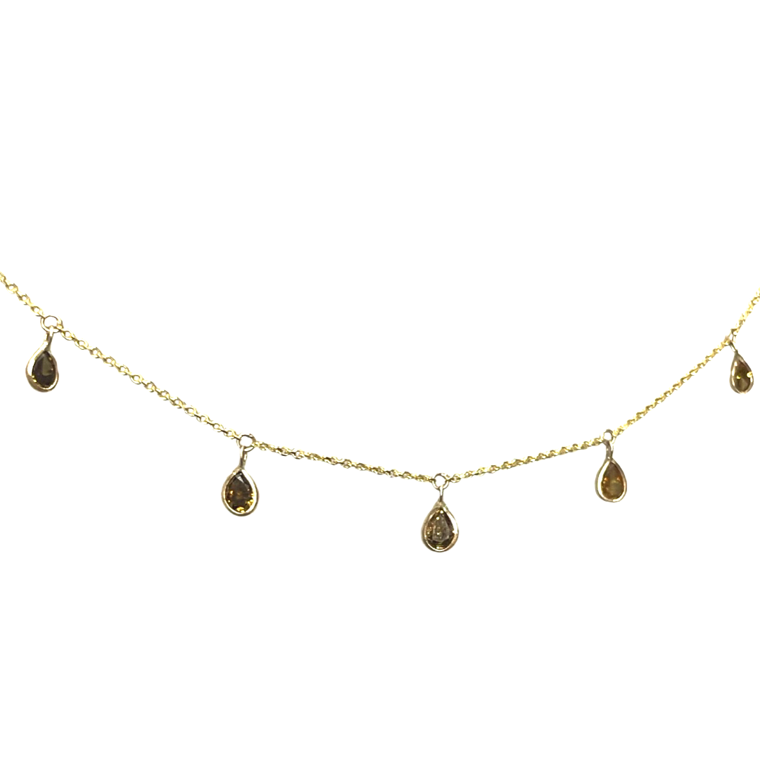 Chocolate Brown Pear Cut Diamond 14k Yellow Gold Dangle Necklace