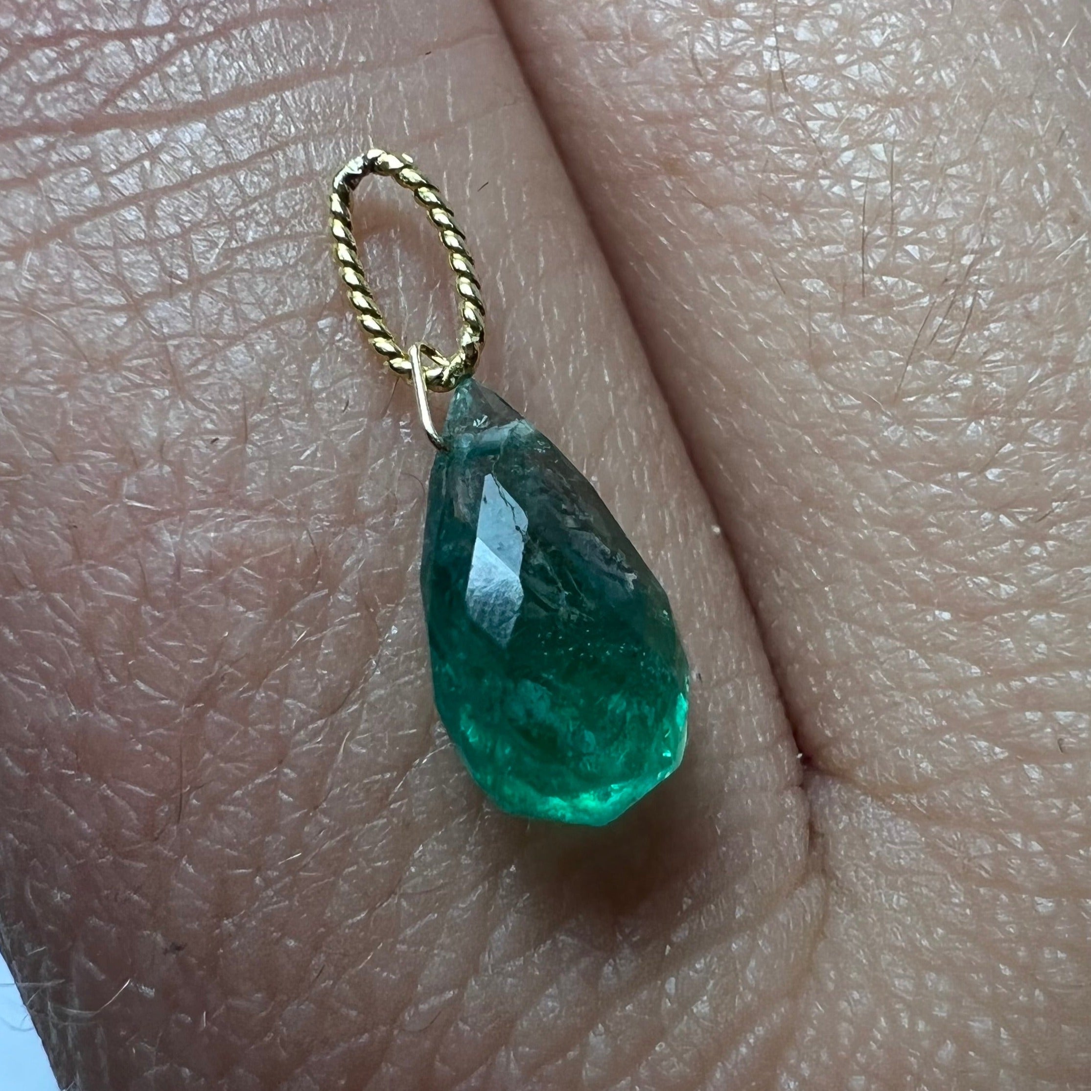 1.3CT Solid 14K Yellow Gold Briolette Emerald Twisted bail Charm 9x5.49x3.96mm