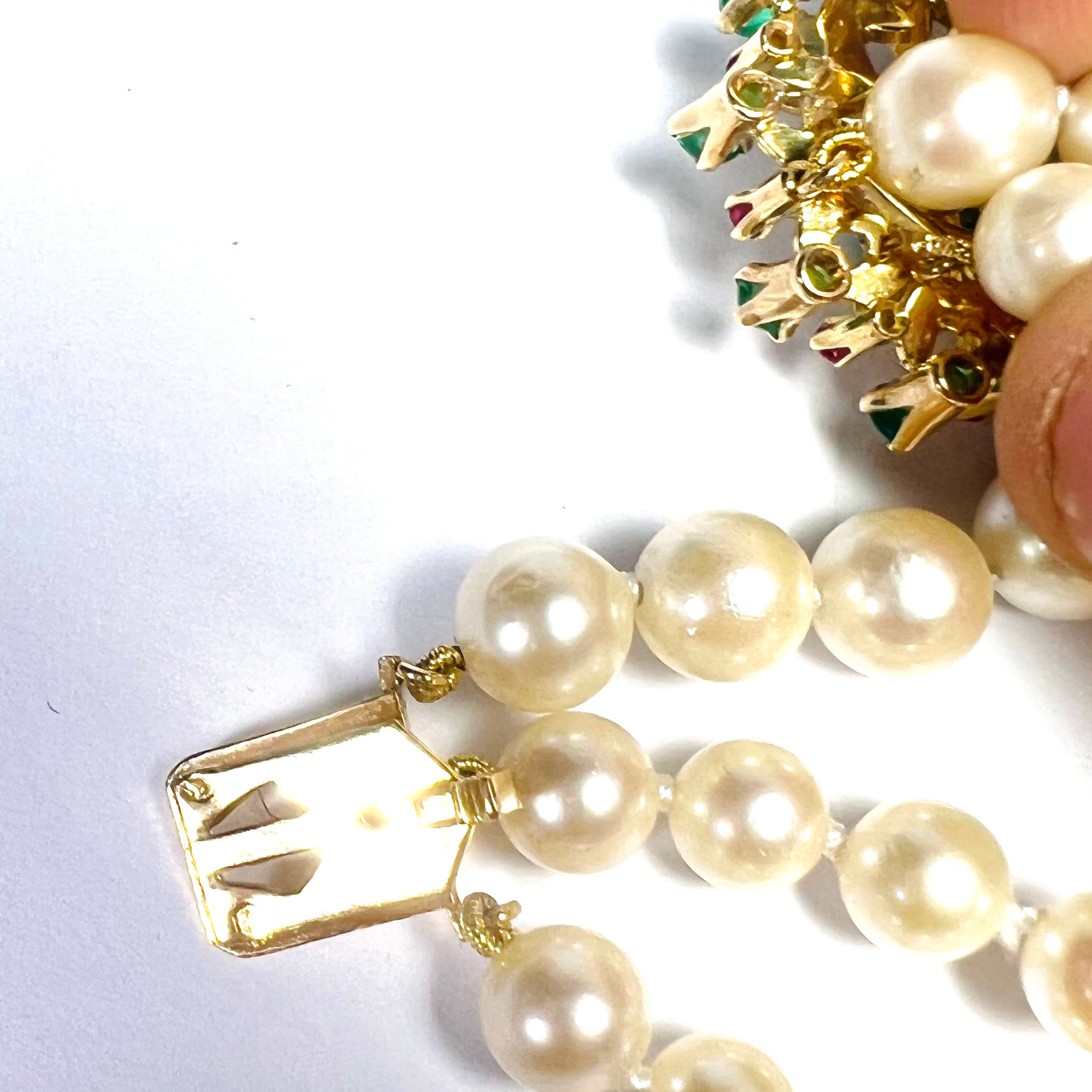 Pearls with Floral Emerald and Ruby 15" 14k Yellow Gold Necklace