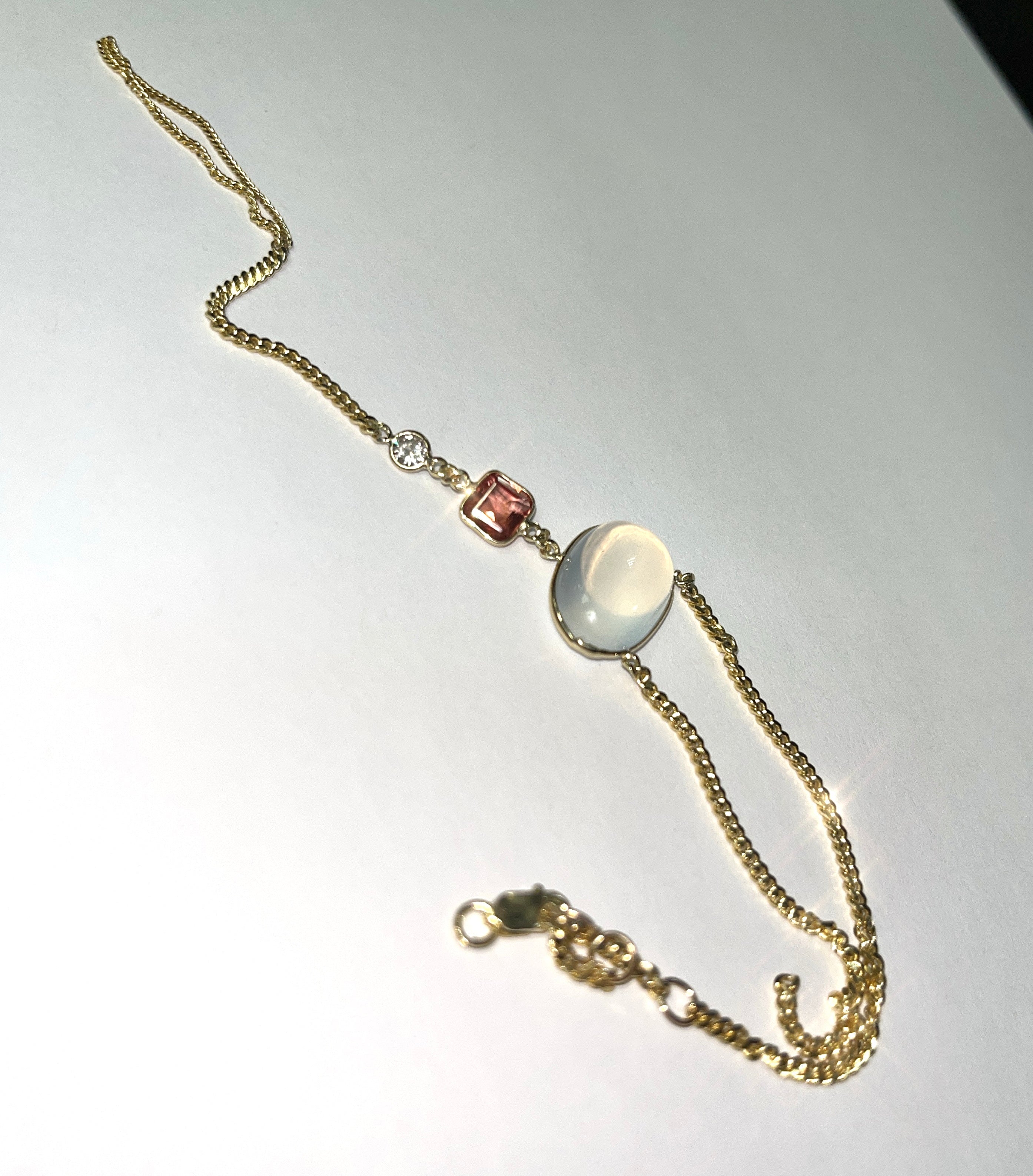 Moonstone, Spinel and Diamond 14K Yellow Gold Curb Link Hand Chain