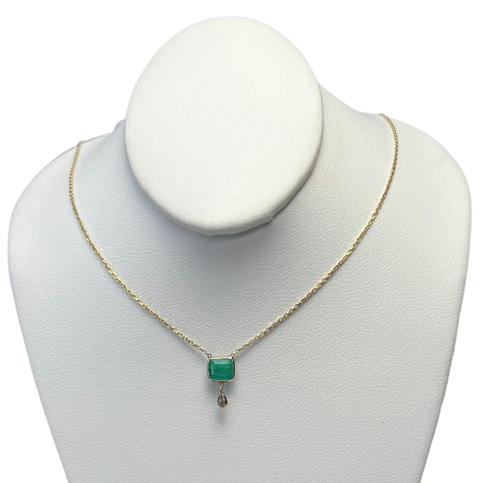 Emerald and Pear Diamond 15" 14K Yellow Gold Cable Chain Necklace