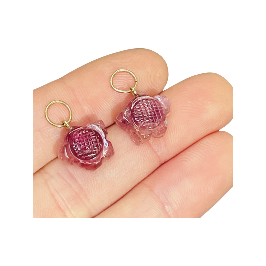 14K Yellow Gold Carved Tourmaline Hoop Earring Charm Pair
