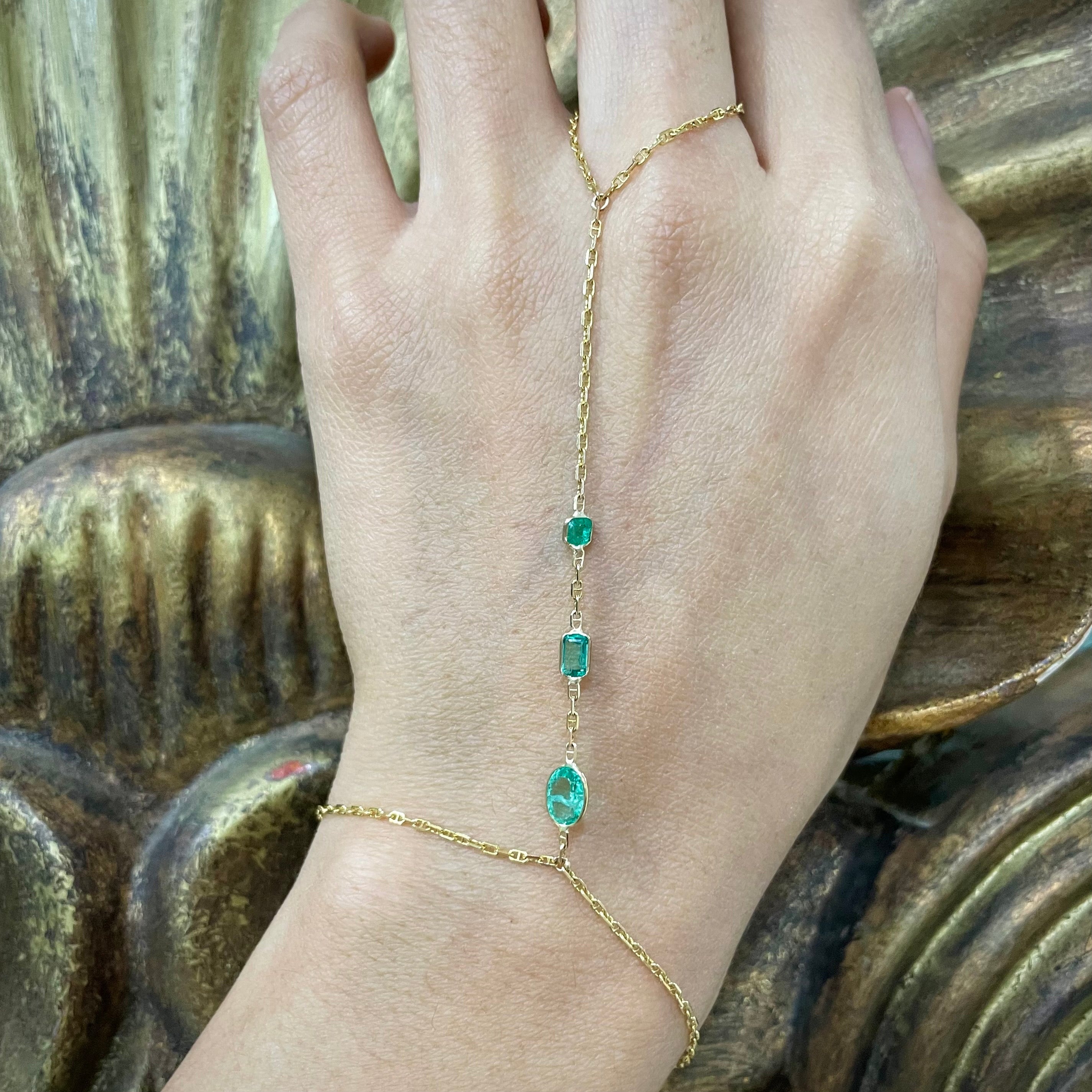 Multi Emerald HandChain in solid 14k Yellow Gold