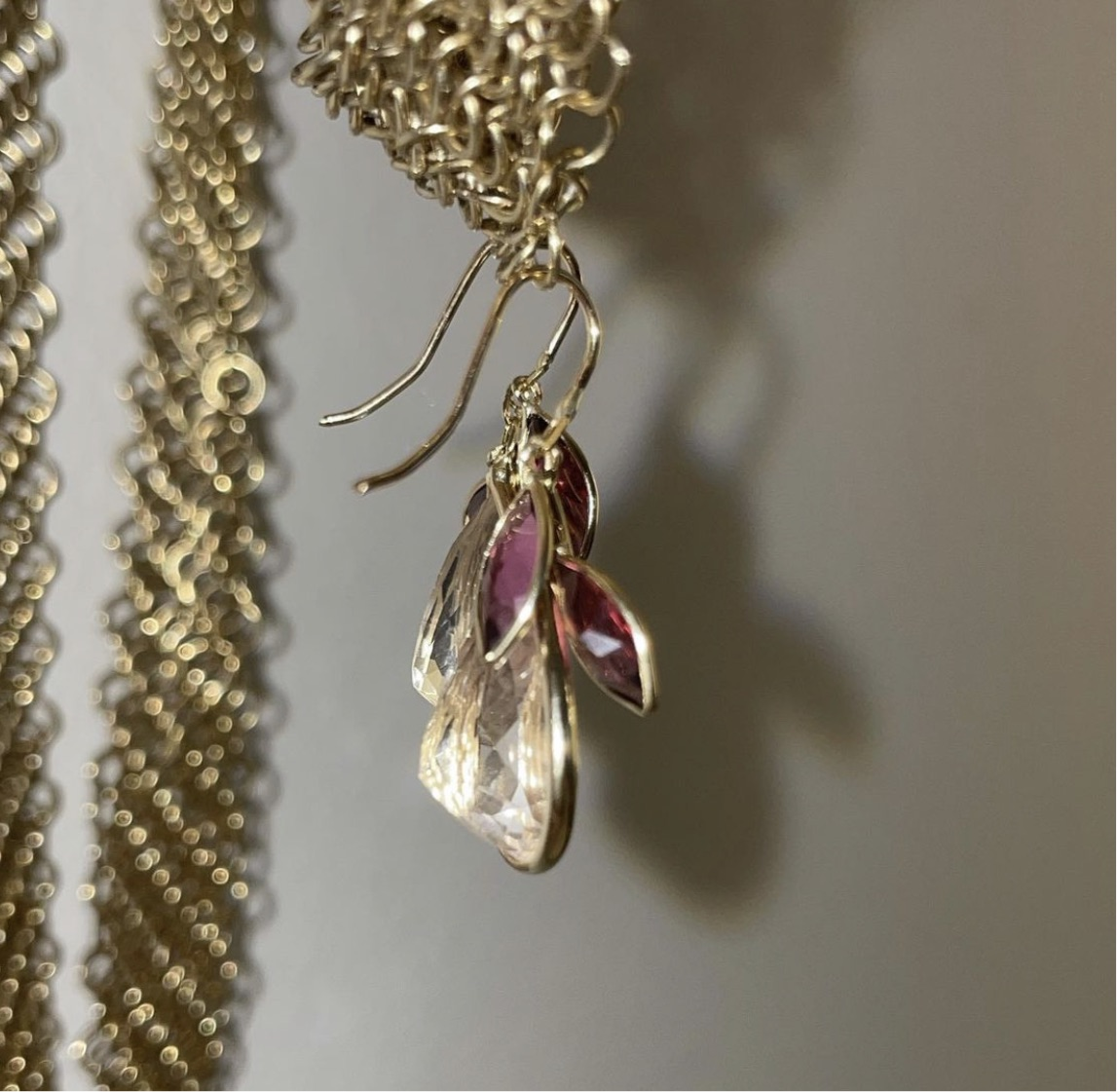 Garnet and Kunzite Pear Drop Earrings 14K Gold