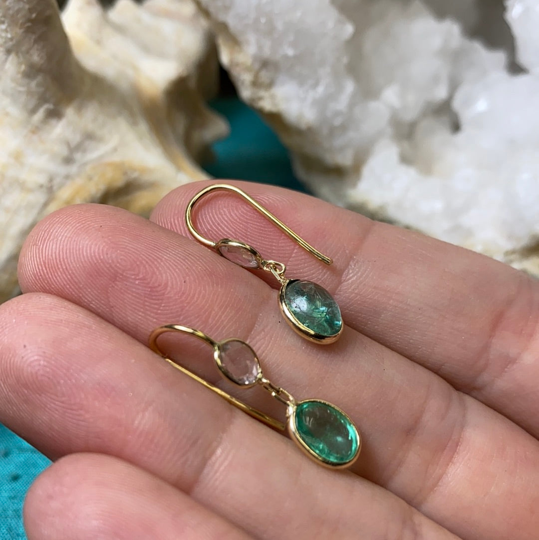Emerald Cabochon and Rose Cut Diamond 14K Yellow Gold Drop Down Earrings