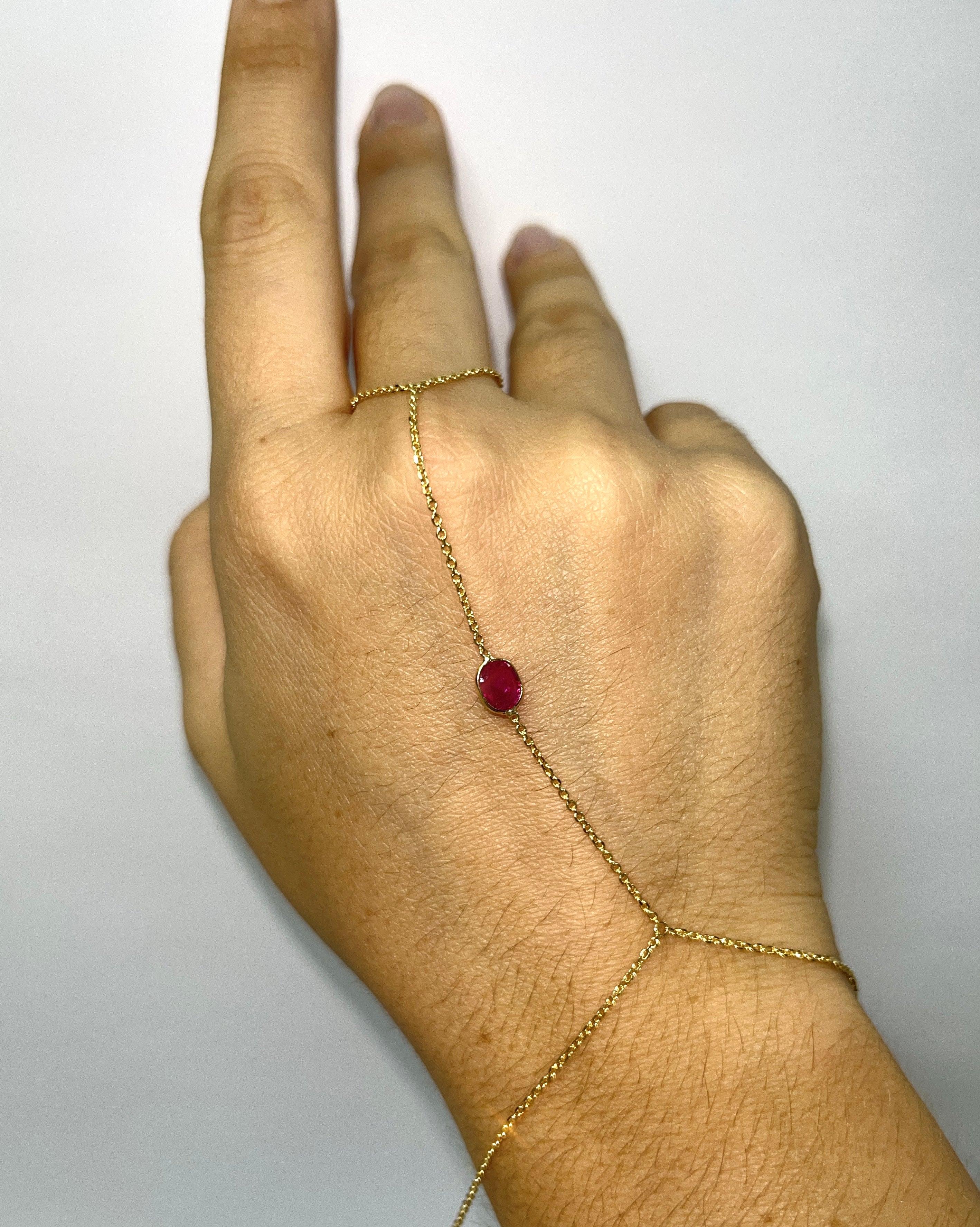 Oval Ruby Hand Chain Bracelet in Solid 14K Yellow Gold