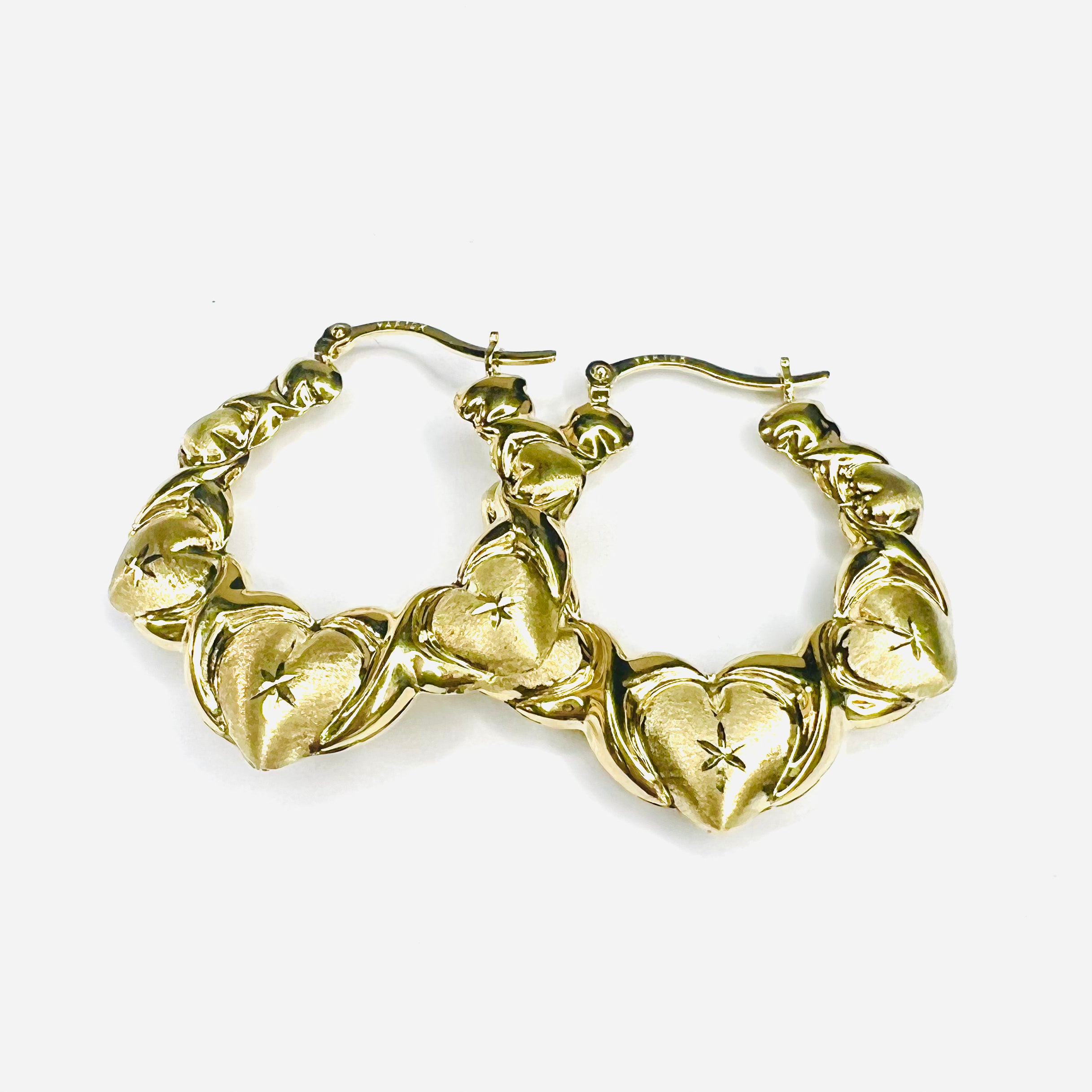 New 10K Solid Yellow Gold Heart Patterned Hoop Earrings 1.75"x1.5"