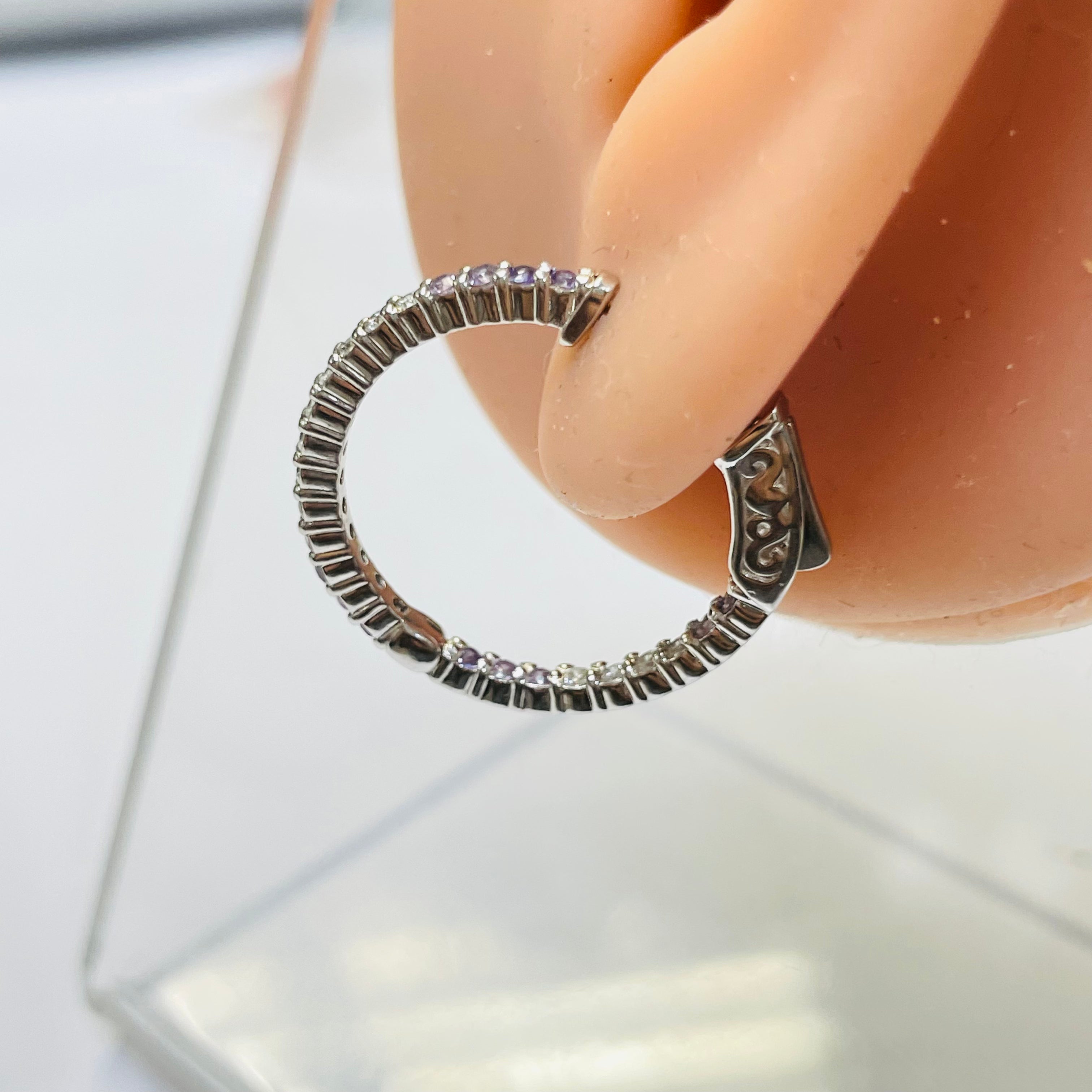 .90” Diamond and Purple Ombre Sapphire 14K White Gold Inside Outside Hoop Earrin