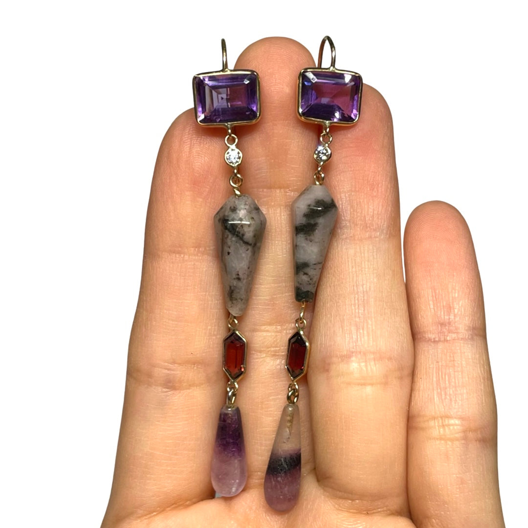Amethyst Garnet Long Earrings 3"