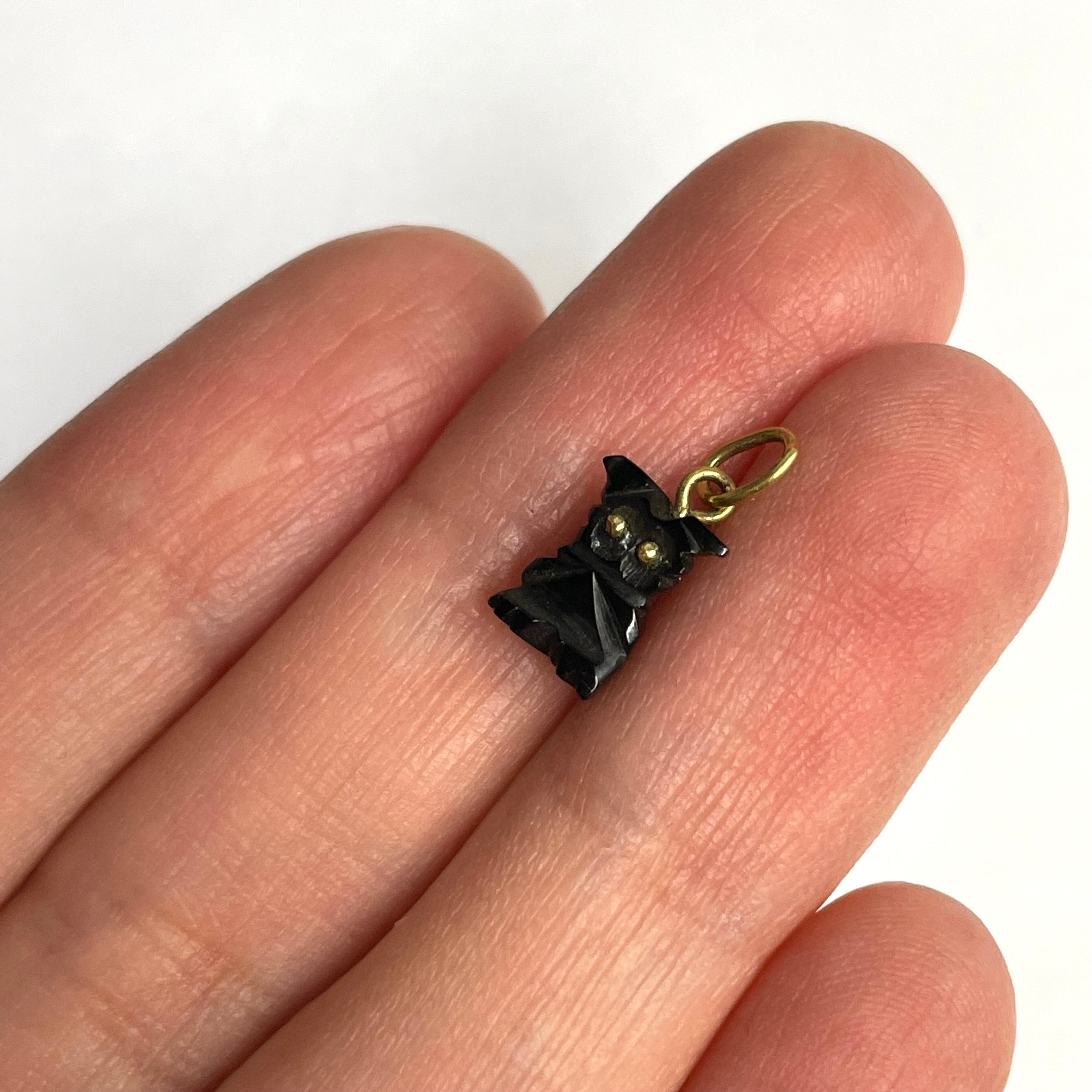 Solid 14K Yellow Gold Natural Jet Black Owl Charm