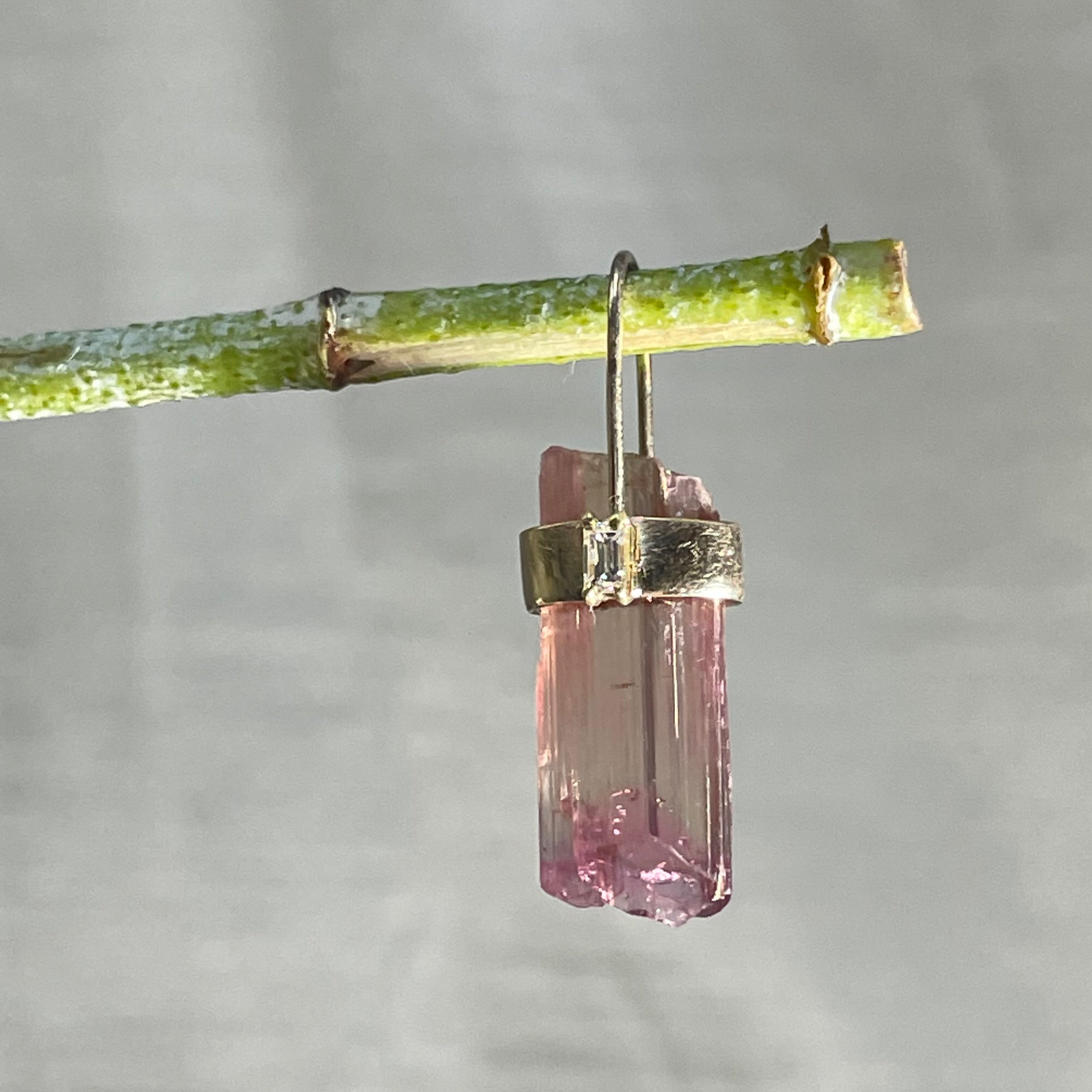Rough Pink Tourmaline and Diamond 14K Yellow Gold Amulet