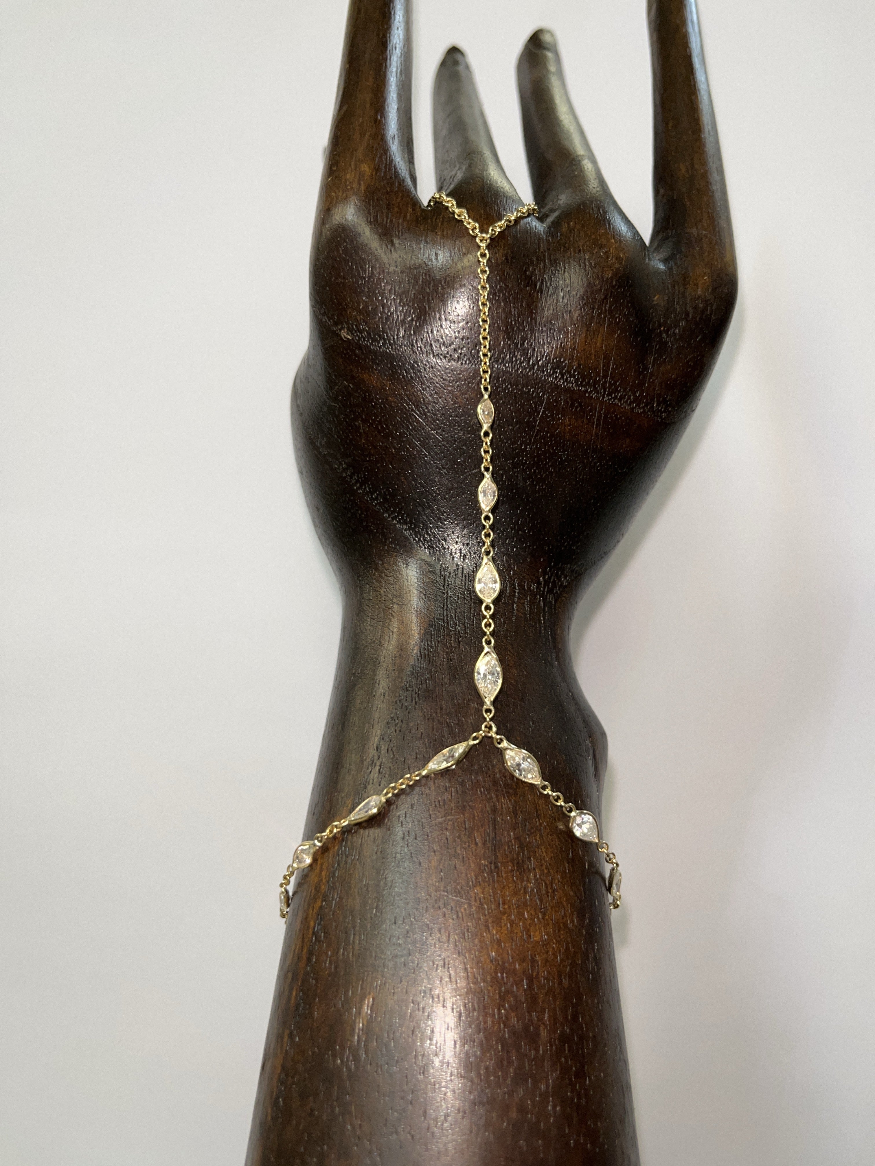 Stunning Marquise and Pear Diamond Hand Chain in Solid 18K Yellow Gold