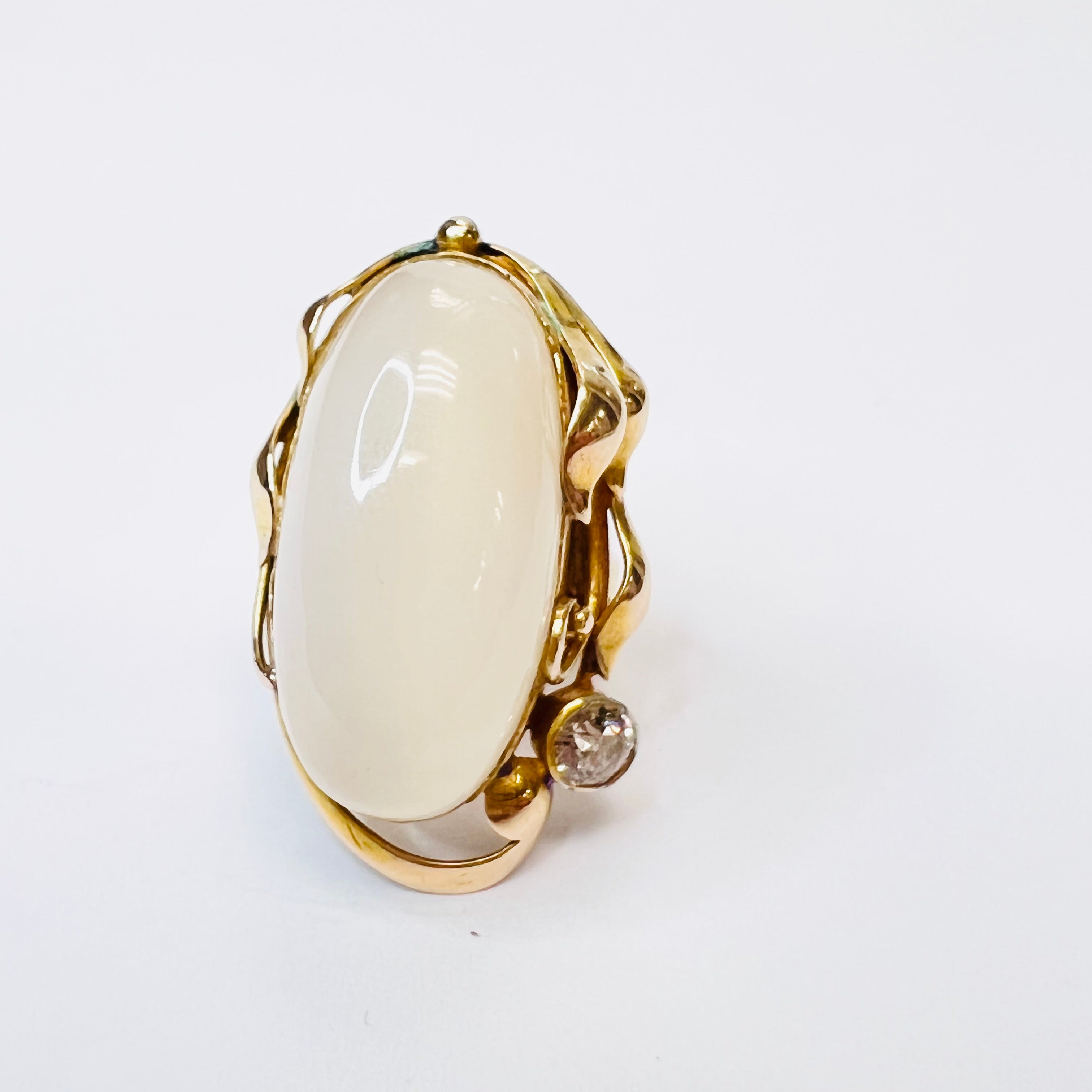 Solid 14K Yellow Gold Antique Moonstone and Diamond Long Ring Size 4.75