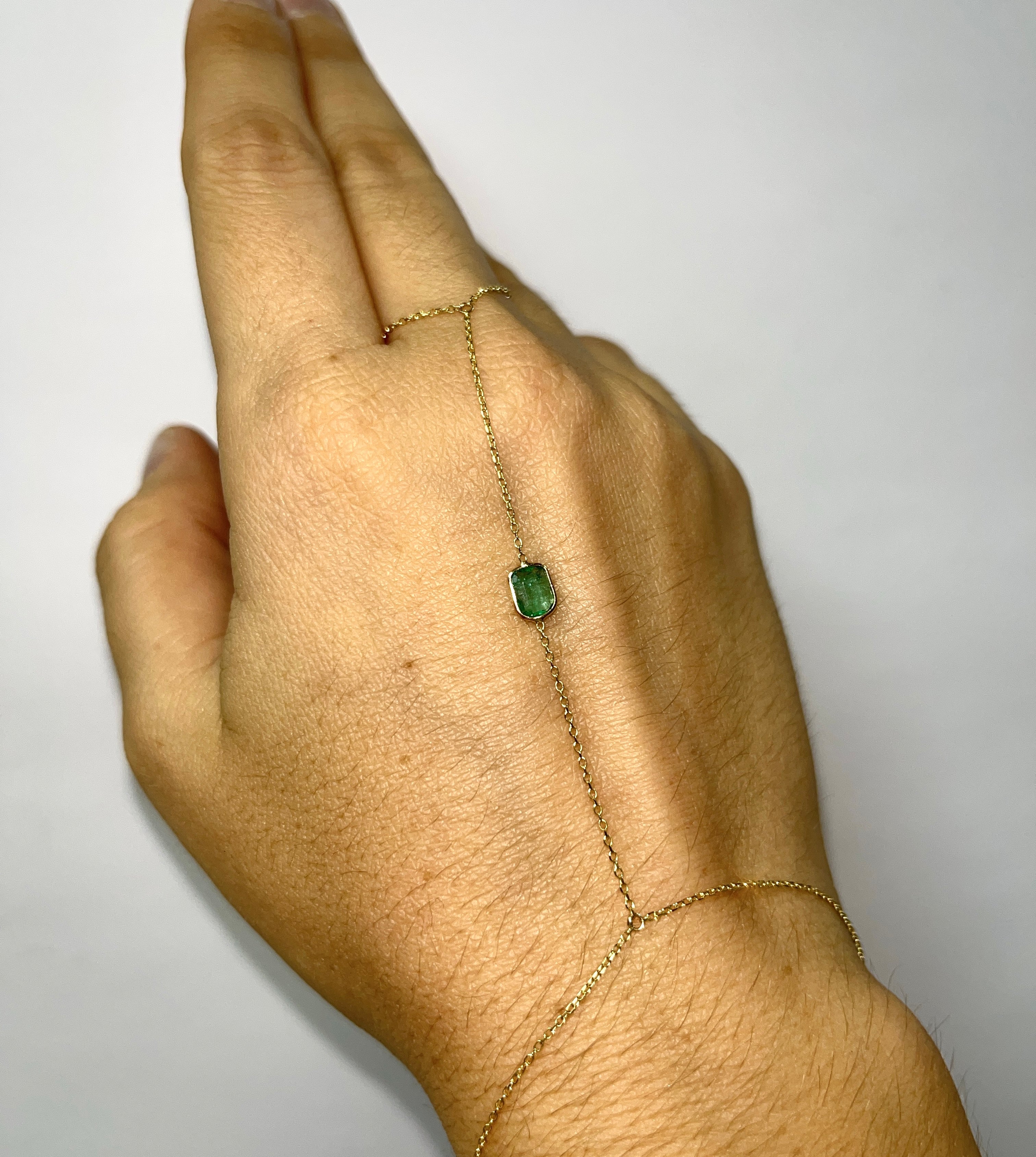 Emerald Cut Colombian Emerald Hand Chain 14K Yellow Gold