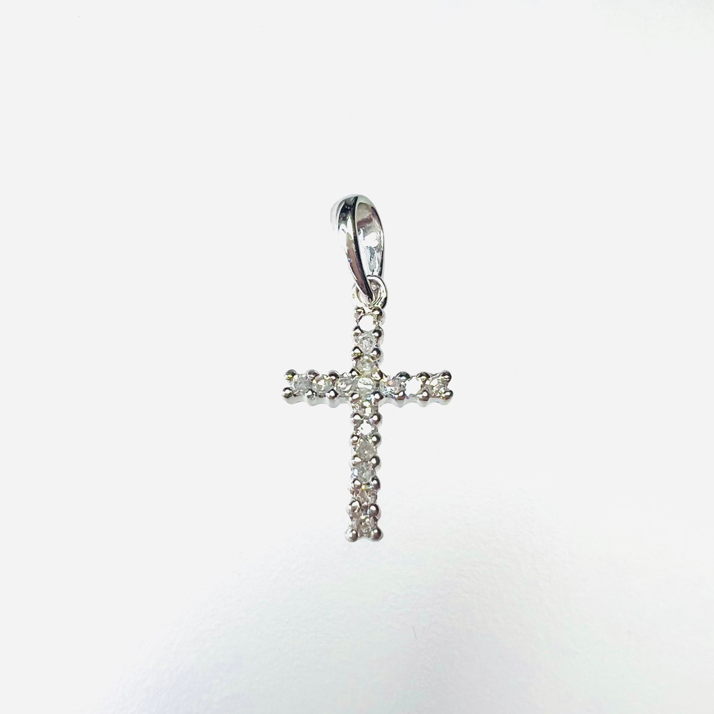 Solid 14K White Gold Diamond Cross Pendant 15x7mm