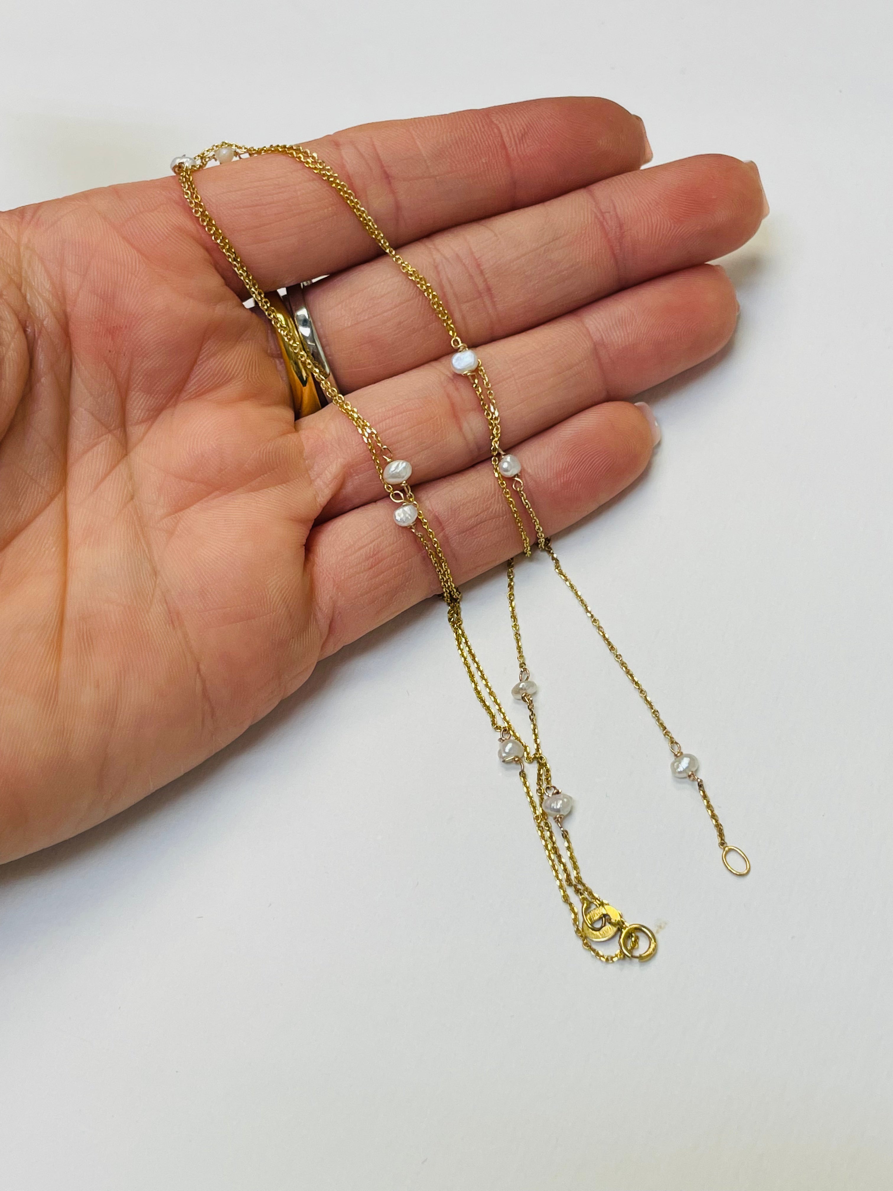 24” Baroque 3mm Seed Pearl Station Necklace 14K Yellow Gold