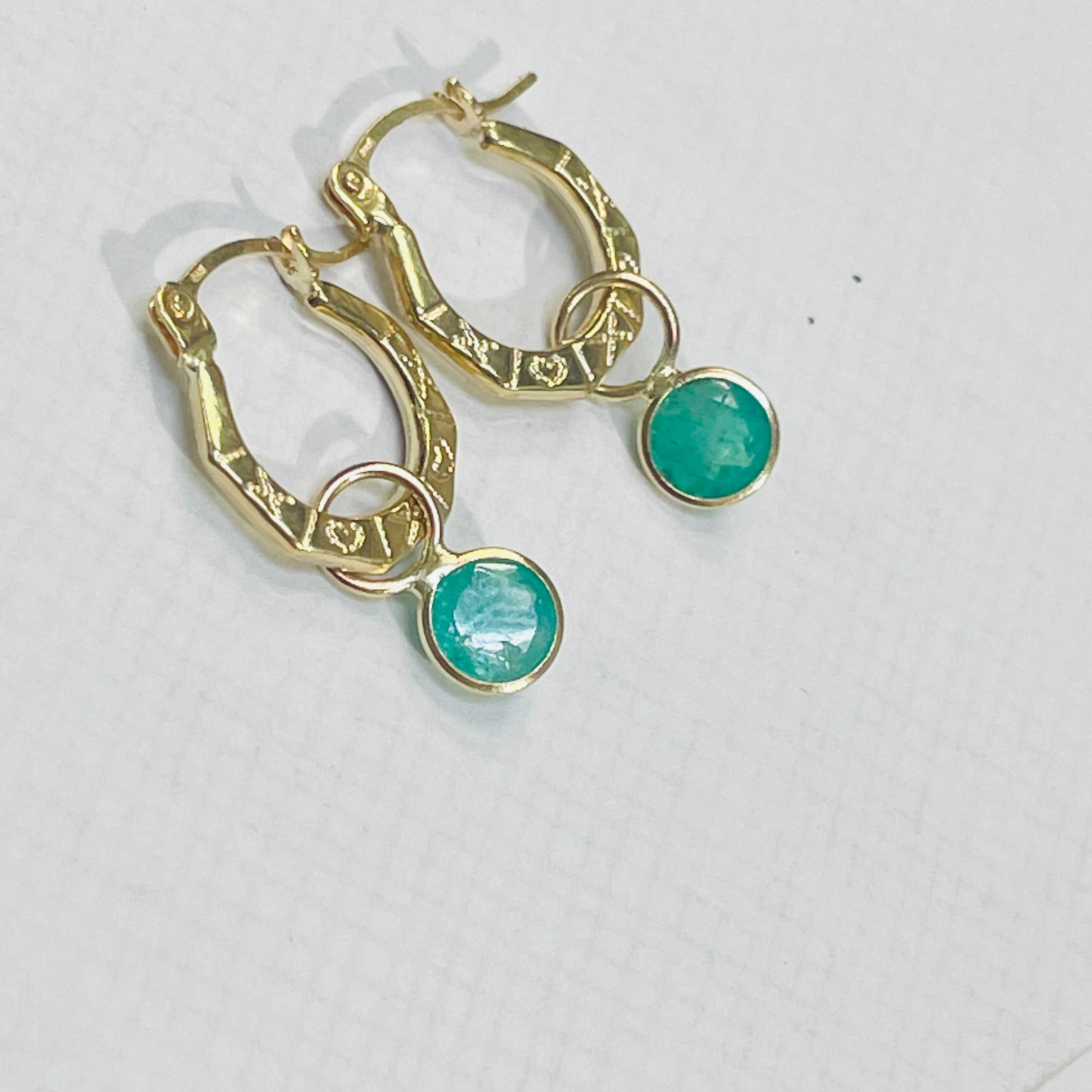 14K Yellow Gold Round Emerald Earring Charm Pair