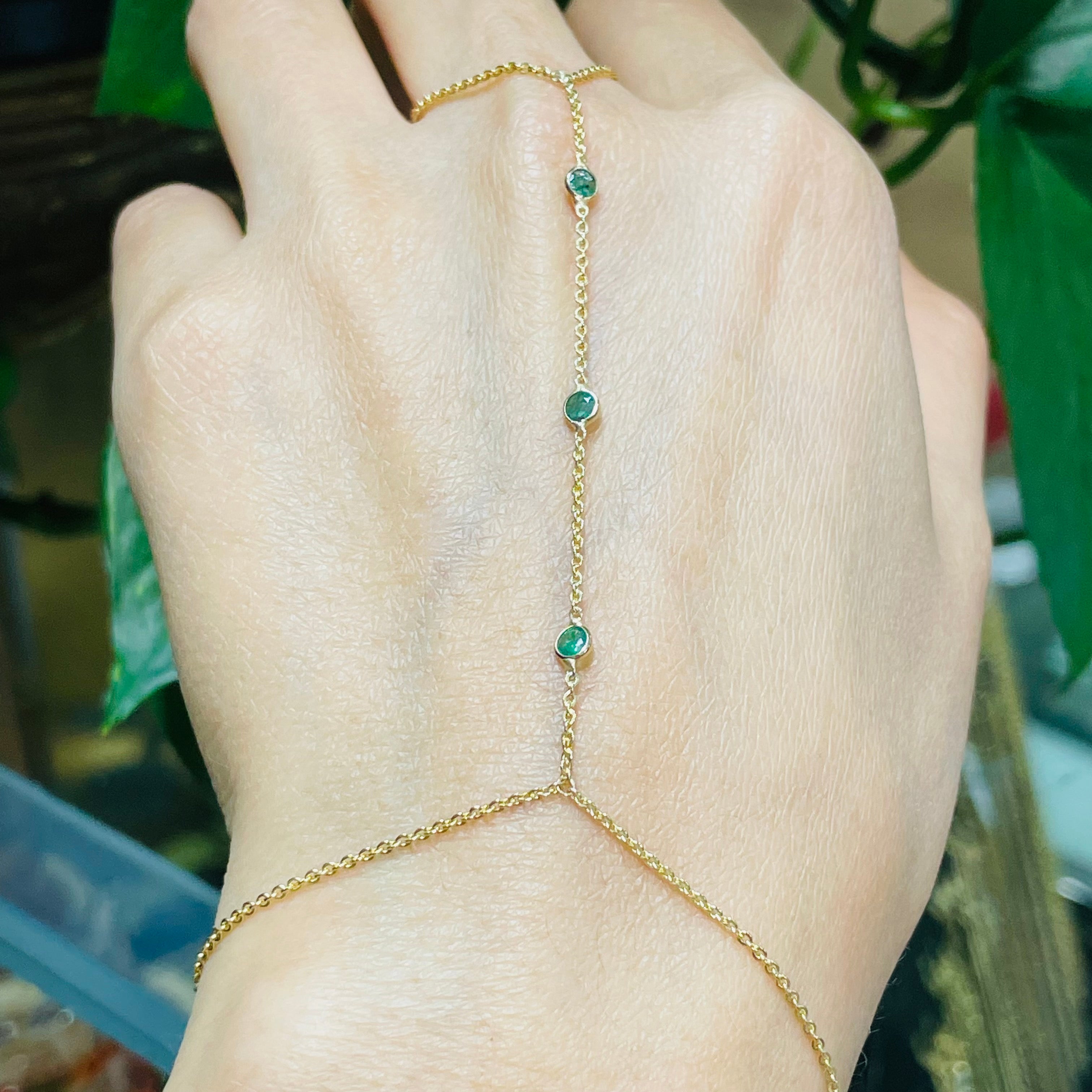 Three Emerald HandChain in solid 14k Yellow Gold