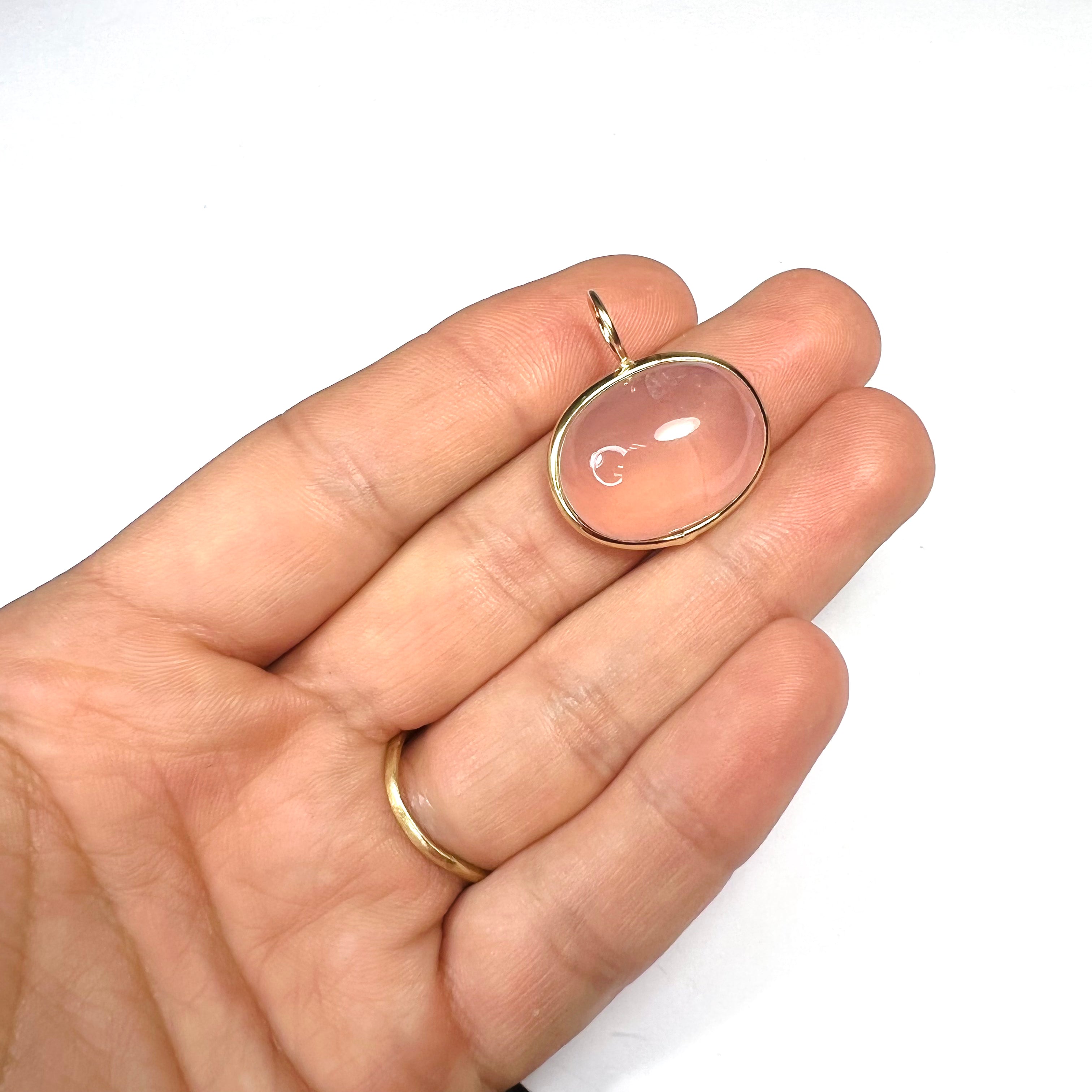 28CT Natural Cabochon Rose Quartz 14K Yellow Gold Pendant Charm 25x23mm