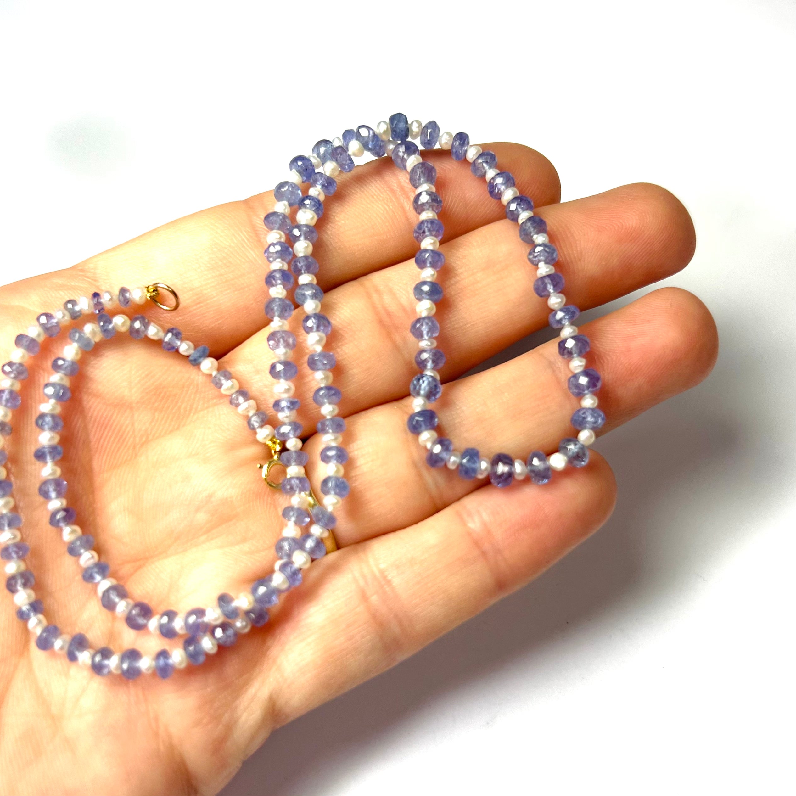 Briolette Tanzanite & Seed Pearl Beads 18" 14K Yellow Gold Necklace