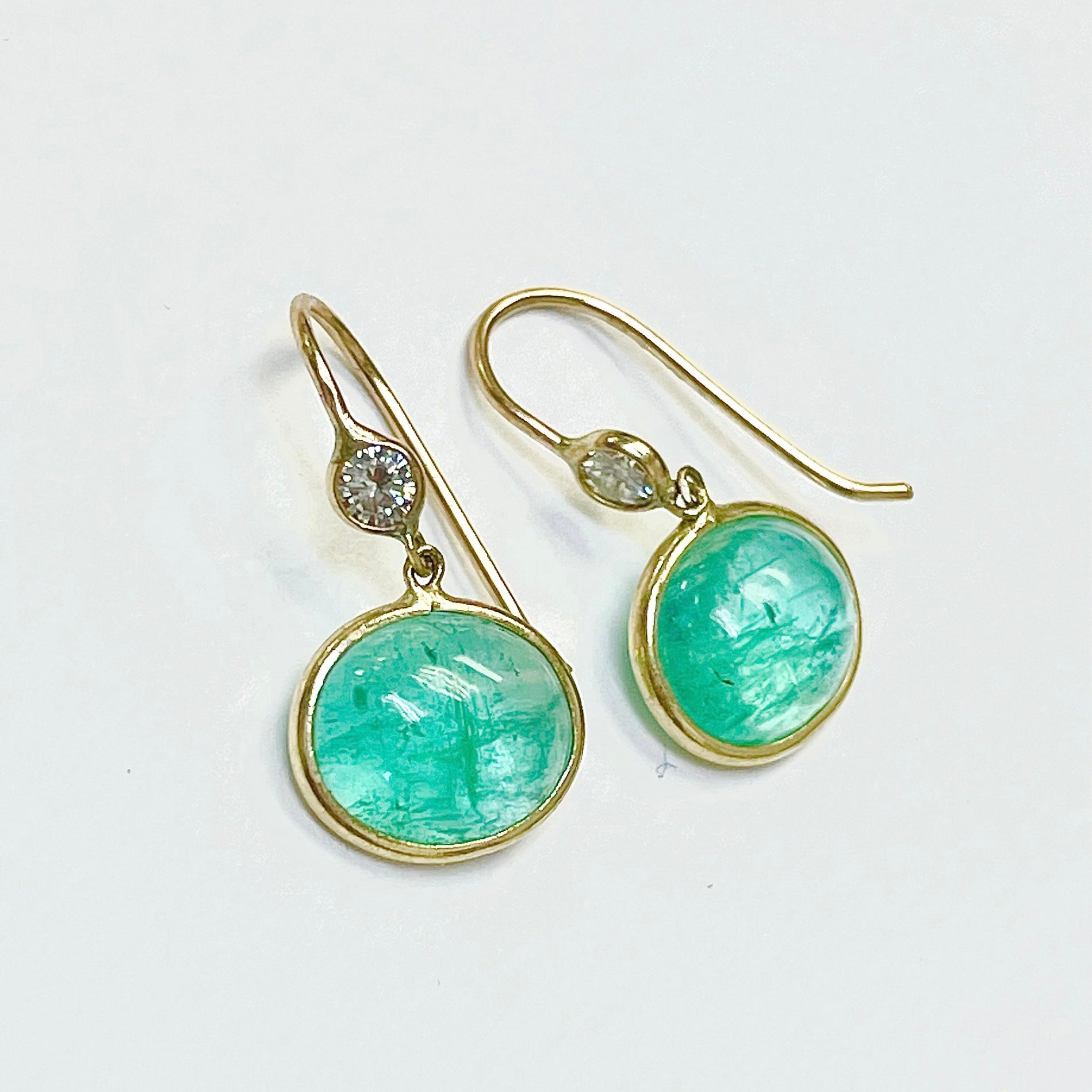Emerald Cabochon and Diamond 14K Yellow Gold Drop Down Earrings