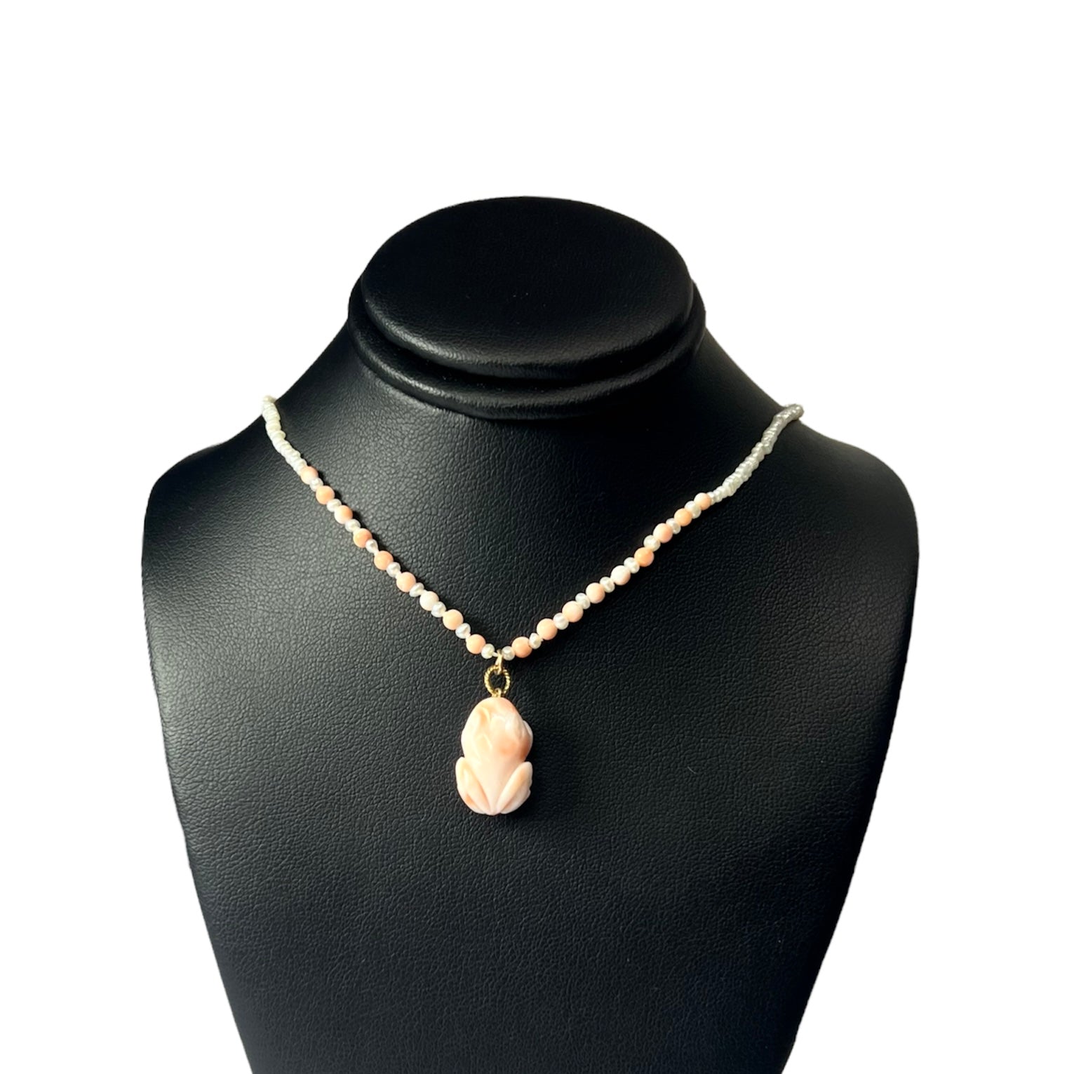 16" 14K Yellow Gold Frog Carved Natural Coral on Seed Pearl Necklace