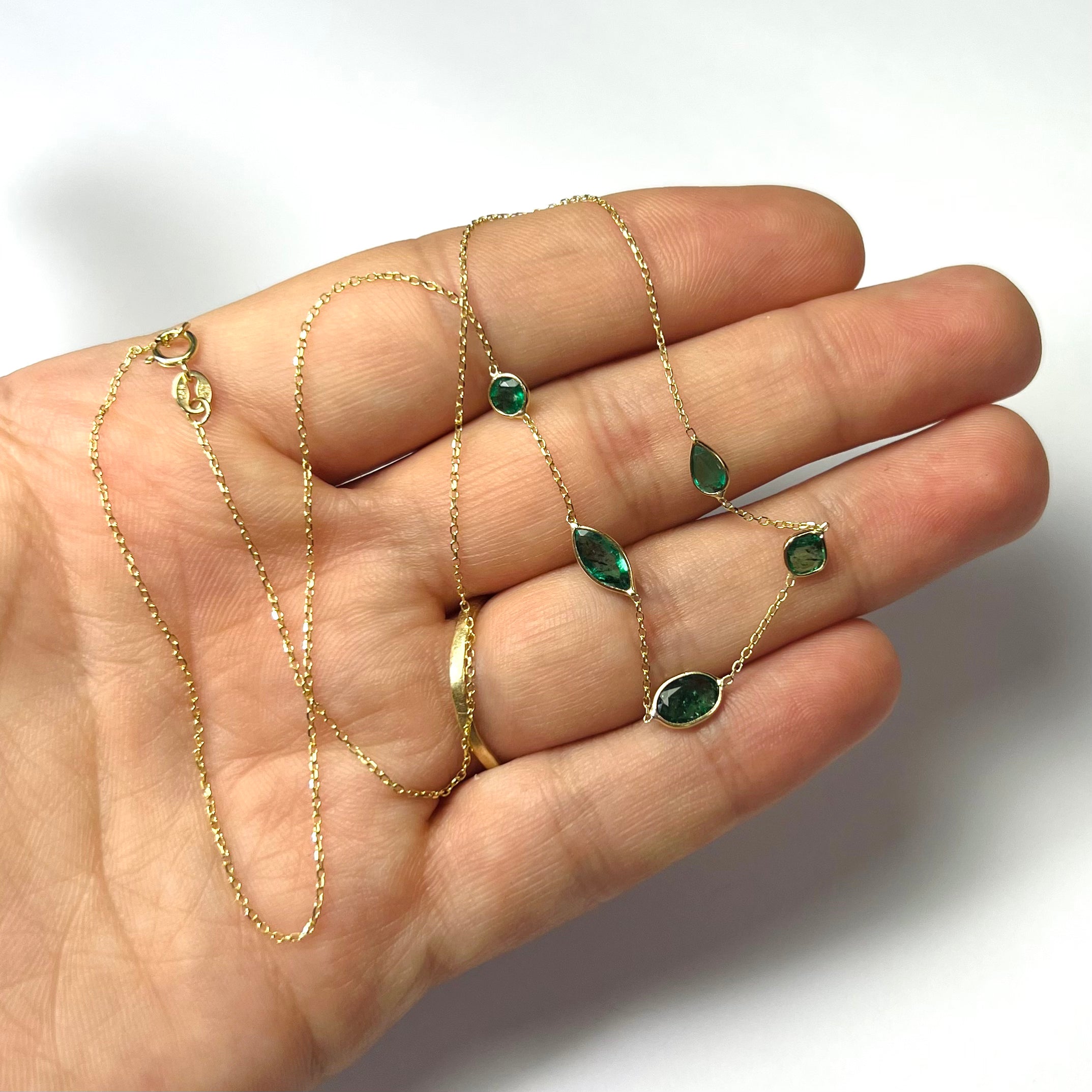 Assorted Emeralds 16" 14k Yellow Gold Stationed Necklace