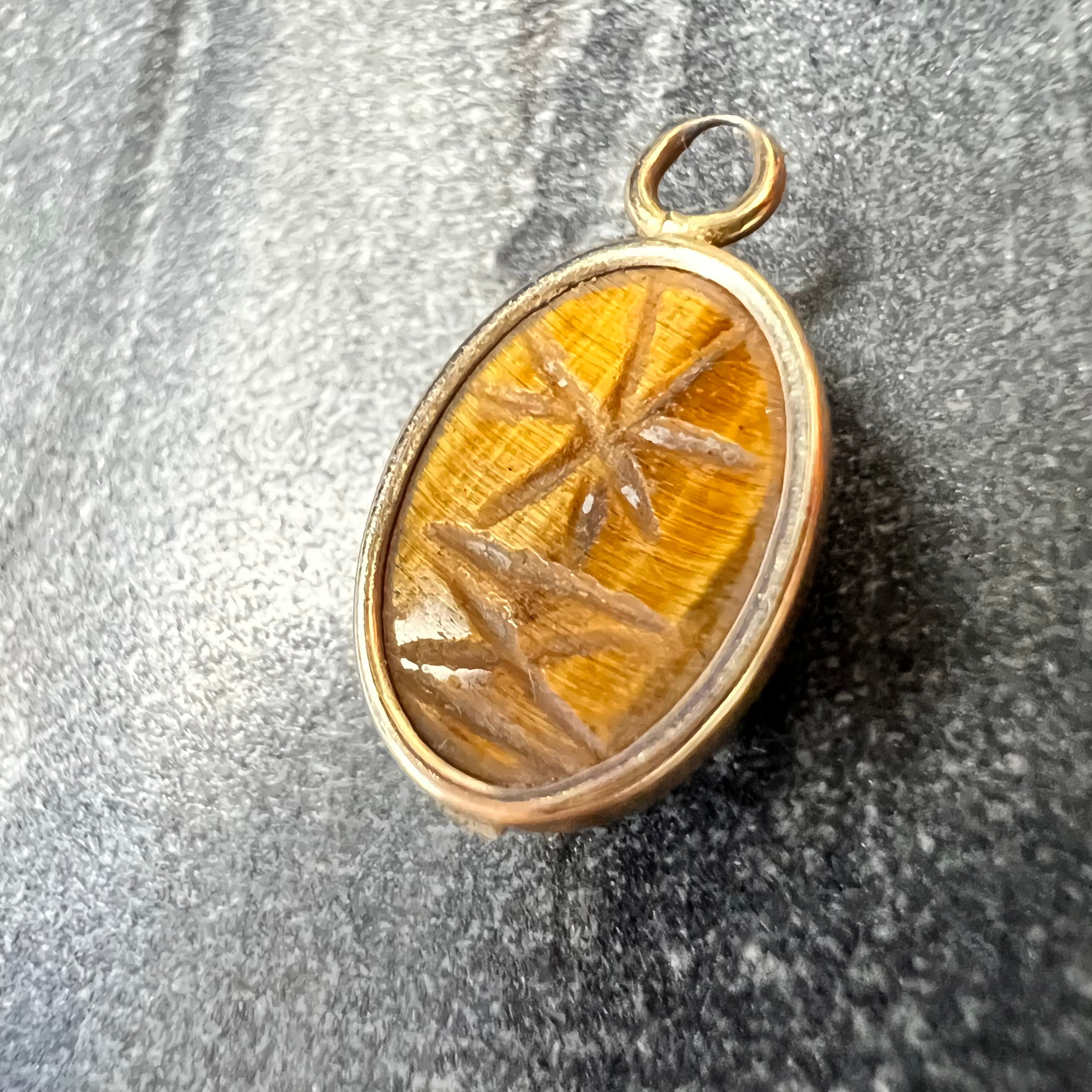 Natural Oval Tiger Eye 14K Yellow Gold Charm Pendant 19x10mm