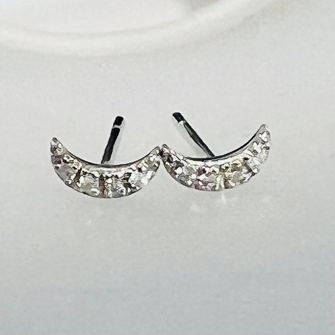 14K White Gold Crescent Moon Diamond Studs 6x3mm