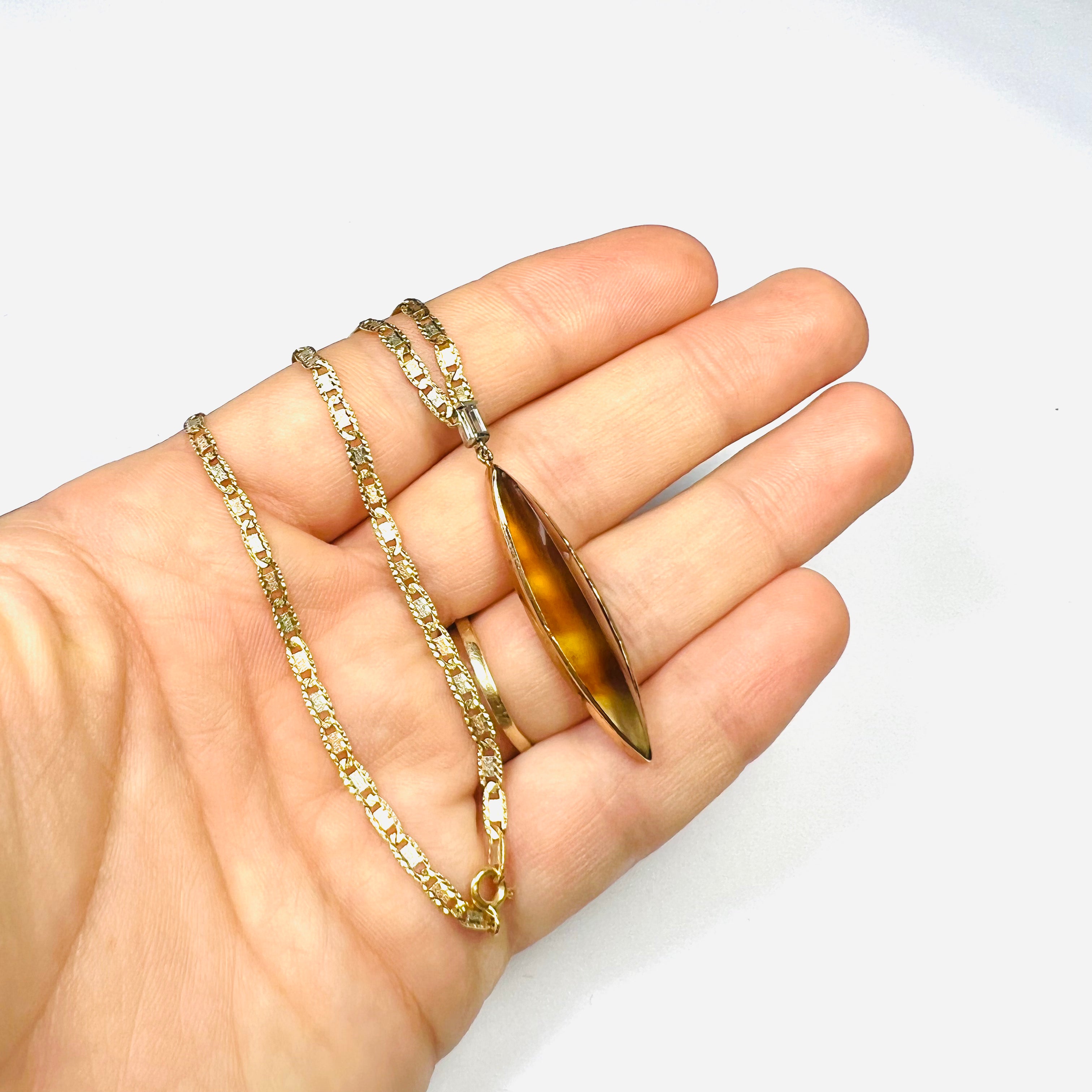 Striped Agate Baguette Diamond Rose and Yellow Gold Necklace 12"