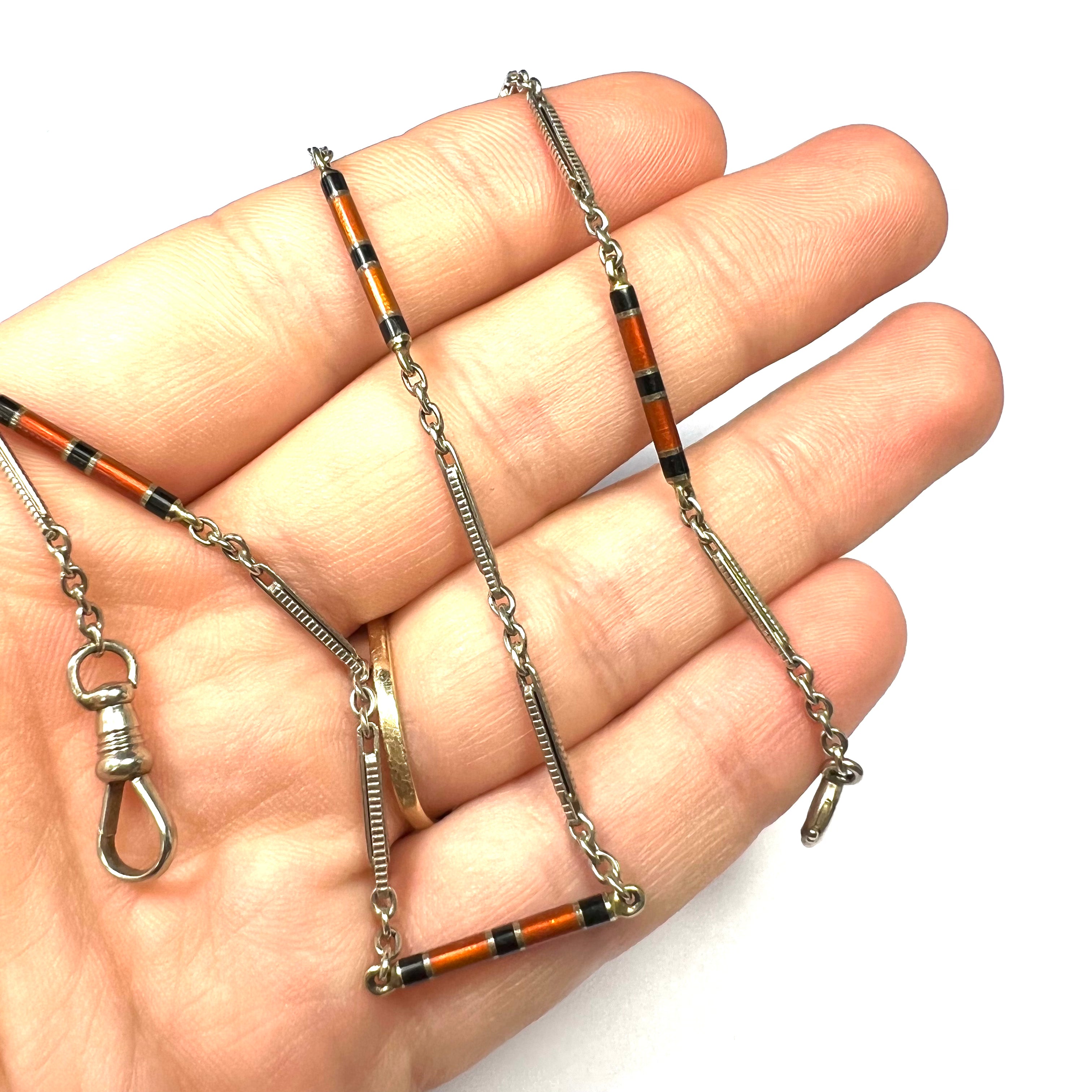 14K White Gold Red and Black Enamel Fob Chain 13.5"