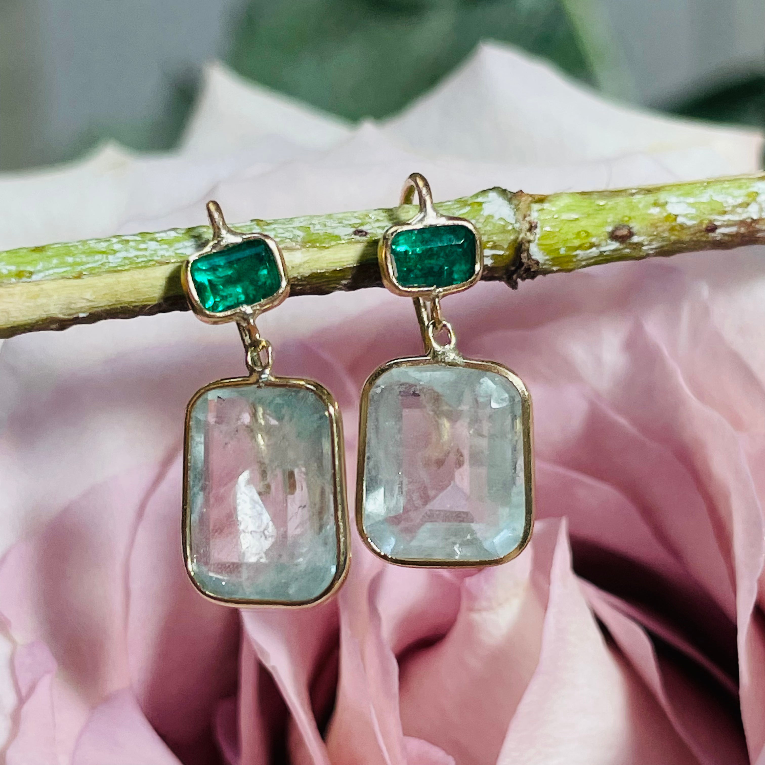 Natural Deep and Light Green Colombian Emerald 14K Yellow Gold Drop Earrings